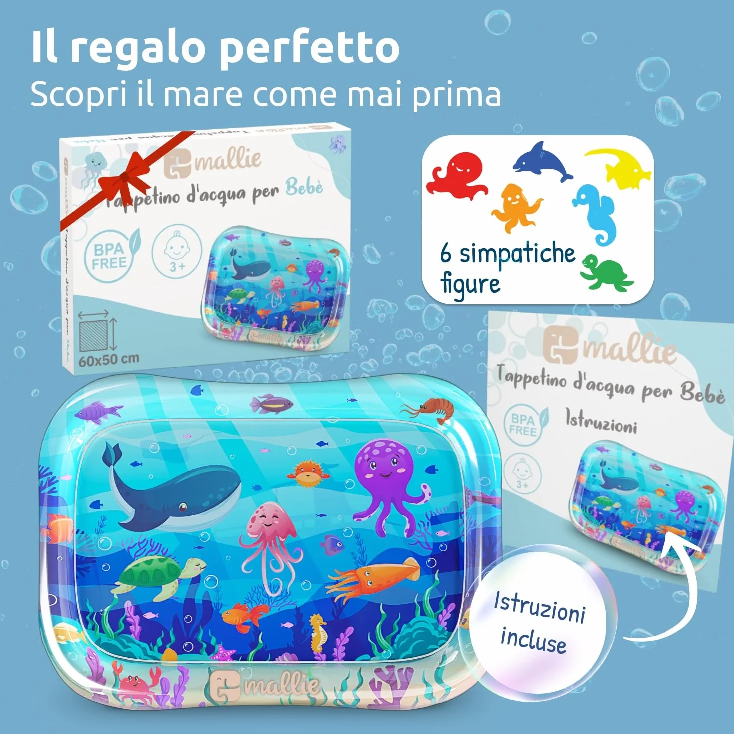 Mallie® Tappetino Tummy Time Neonato Gonfiabile ad Acqua: Giochi Sensoriali 0-3 Mesi