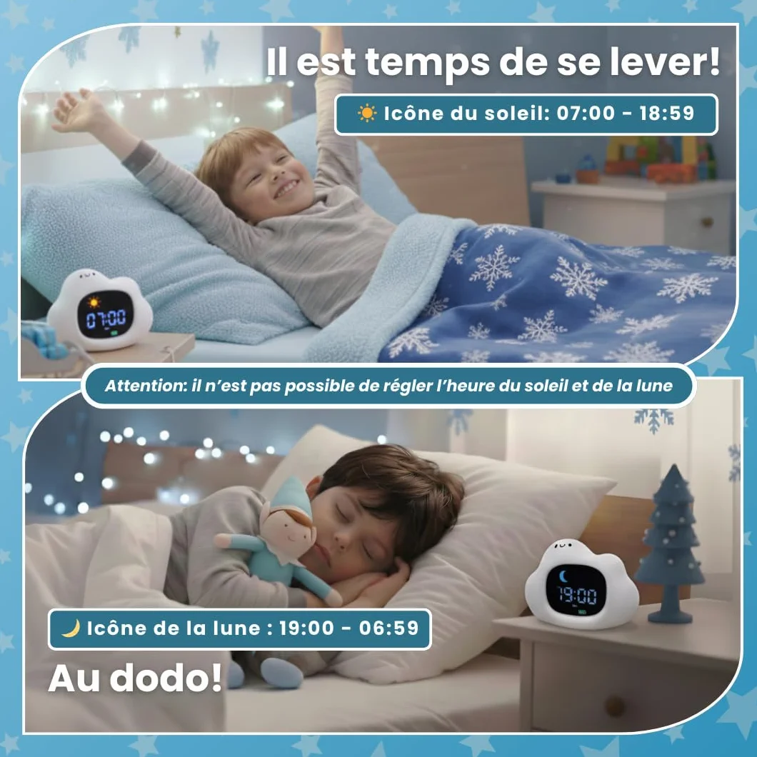 Sveglio bambino educativo giorno/notte - luce notturna per bambini musicale e luminosa, 4 anni di luminosità, orologio educativo con musica rilassante, rumore bianco, decorazione per camera da letto