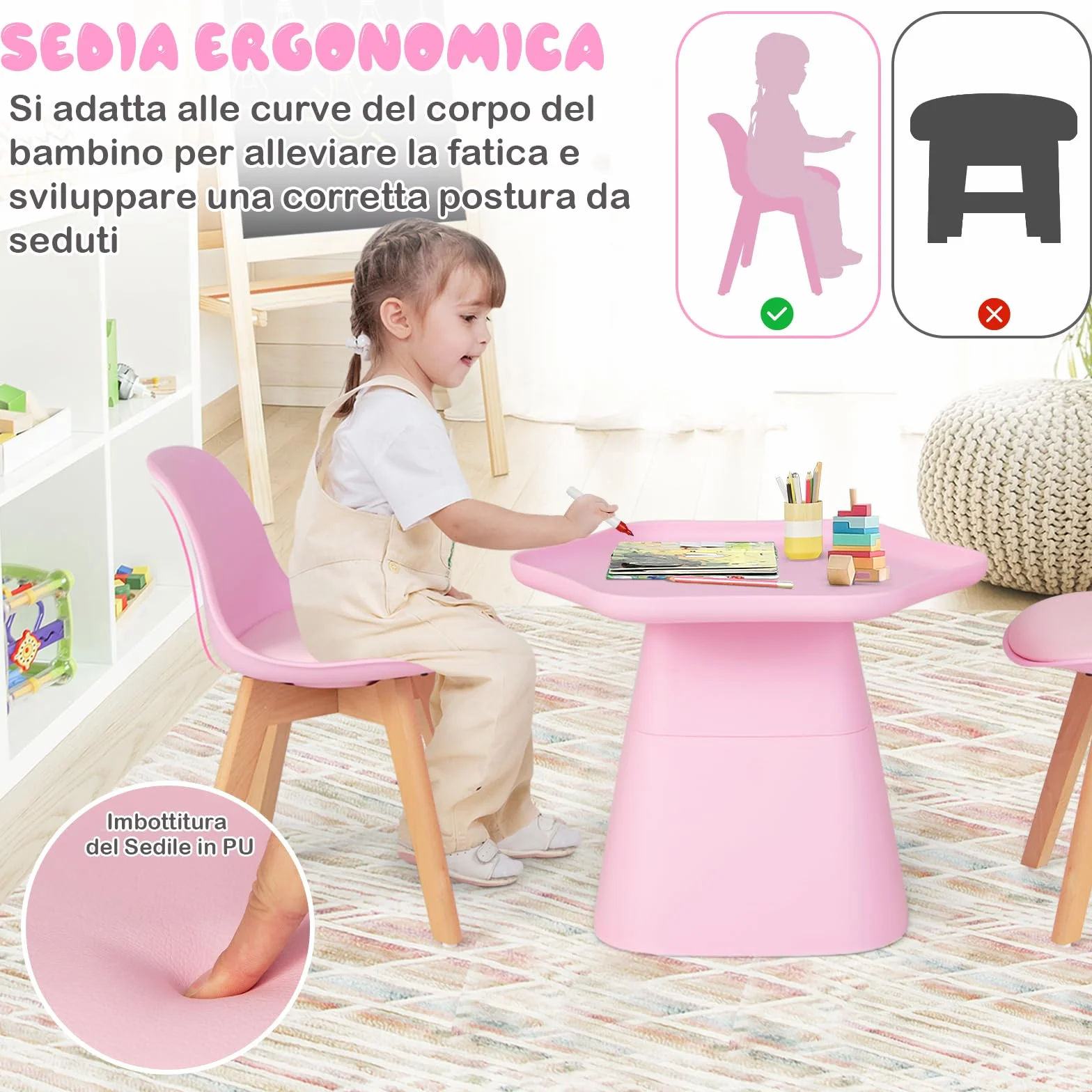 RELAX4LIFE Set Tavolo e Sedie Bambini 3 Pezzi Tavolino 2 Sedie Gambe Legno Faggio Seduta Similpelle 2 cm