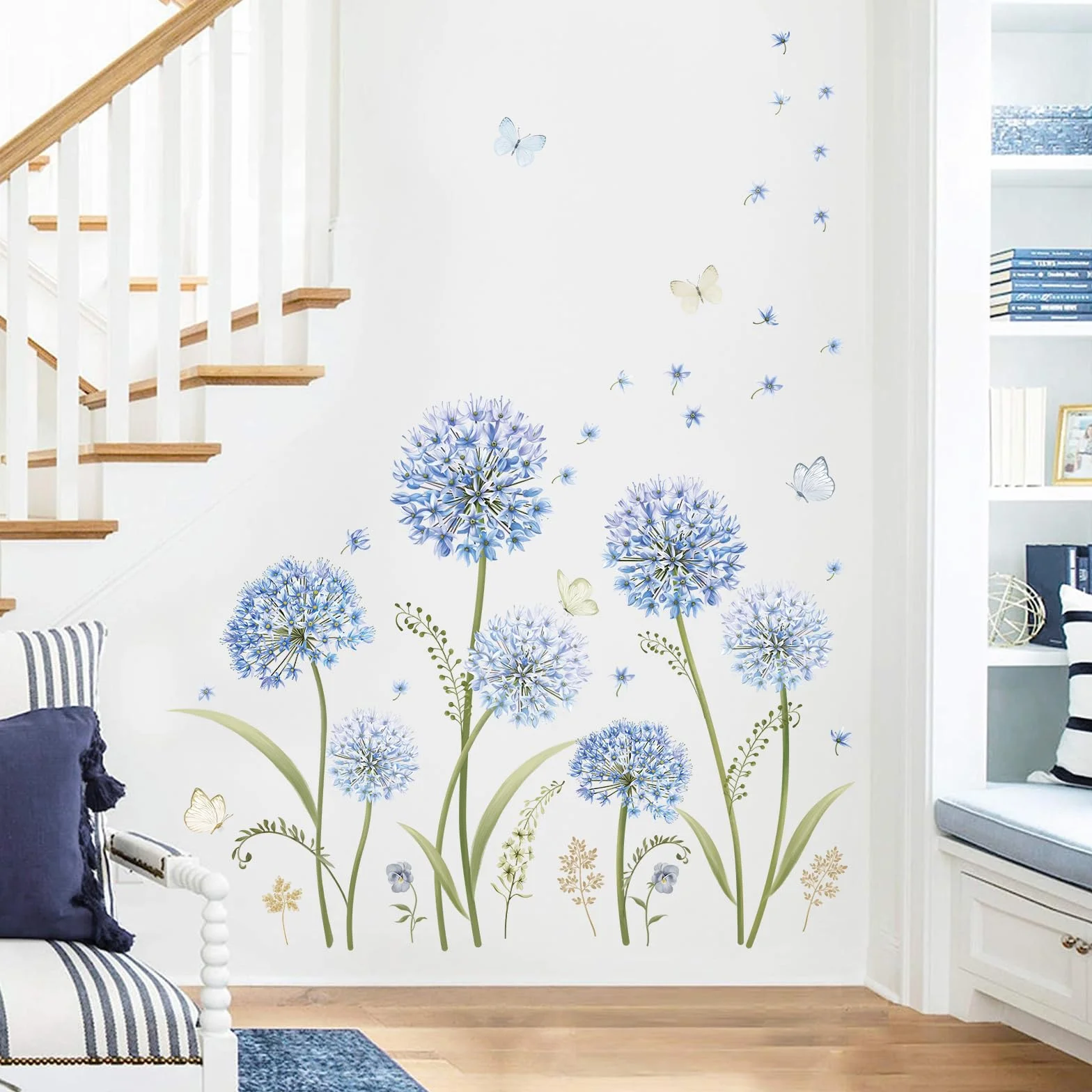 Decalmile Adesivi Murali Fiori Blu Dente di Leone Farfalle Floreali Decorazione Murale Camera da Letto
