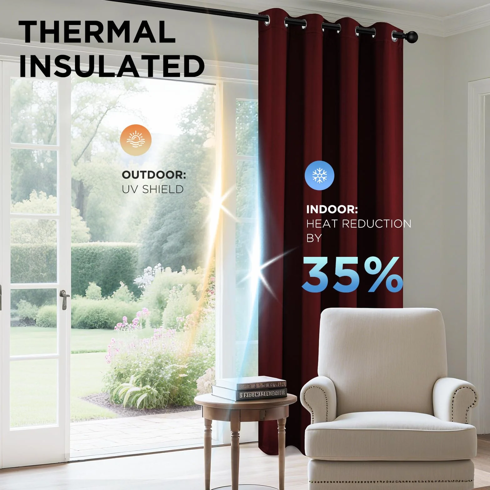 Joydeco Zestaw 2 sztuk zasłon zaciemniających 305 cm, termoizolacyjne, z oczkami, 132x305 cm, bordeaux