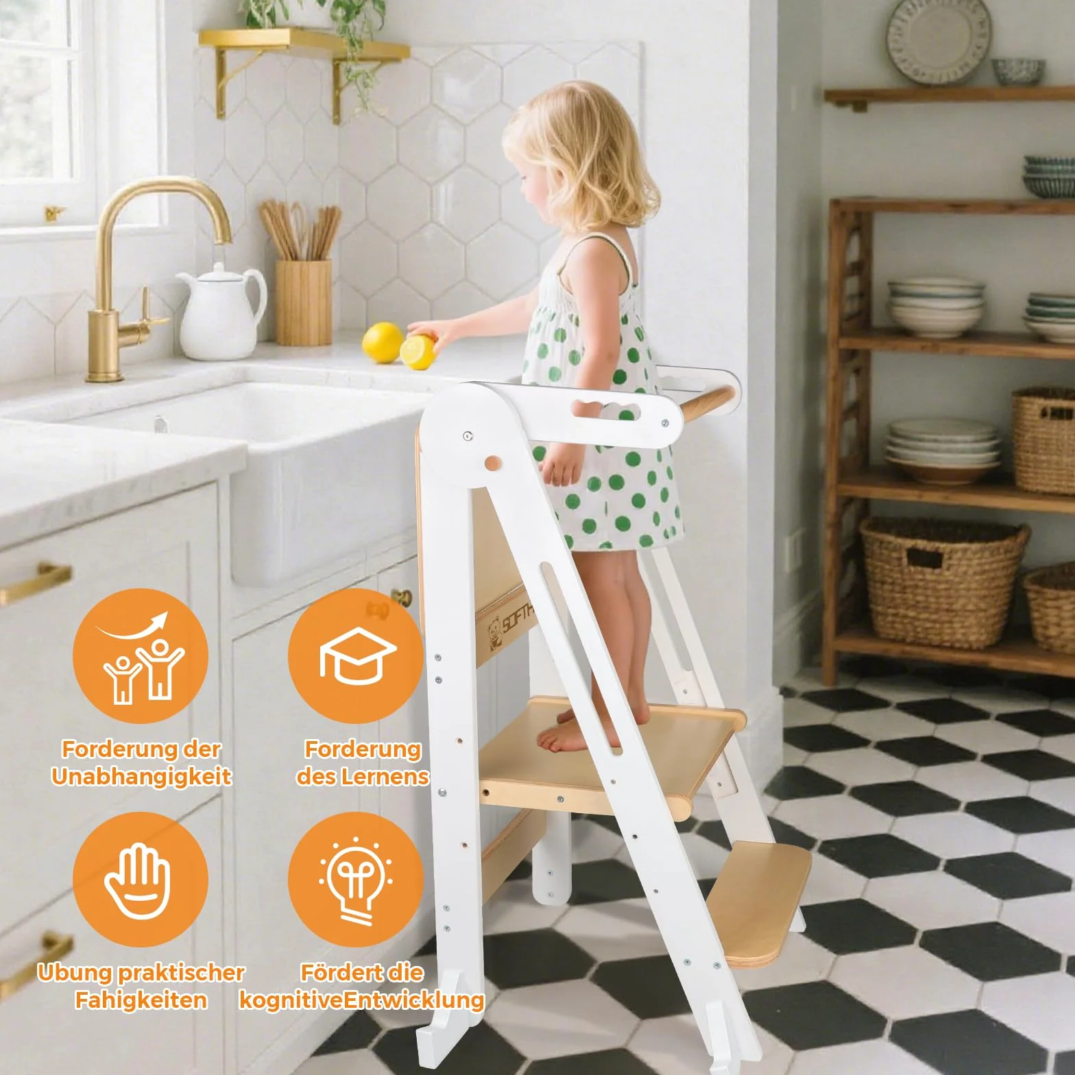Montessoriana Pieghevole Torre di Apprendimento per Bambini con Tavolo da Disegno e Corrimano di Sicurezza, Regolazione Altezza, Antiribaltamento