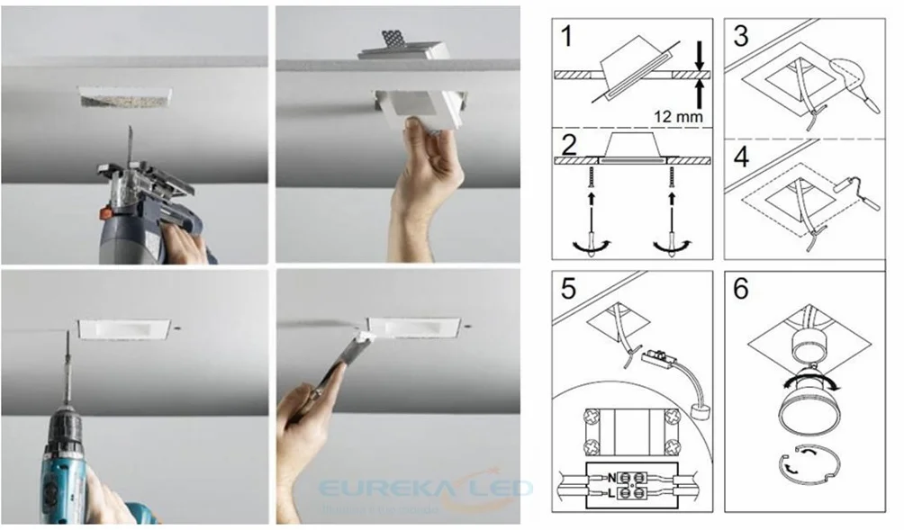Eurekaled 10pz - Portafaretto Quadrato in Gesso CERAMICO da Incasso per GU10 e MR16 in cartongesso, Bianco