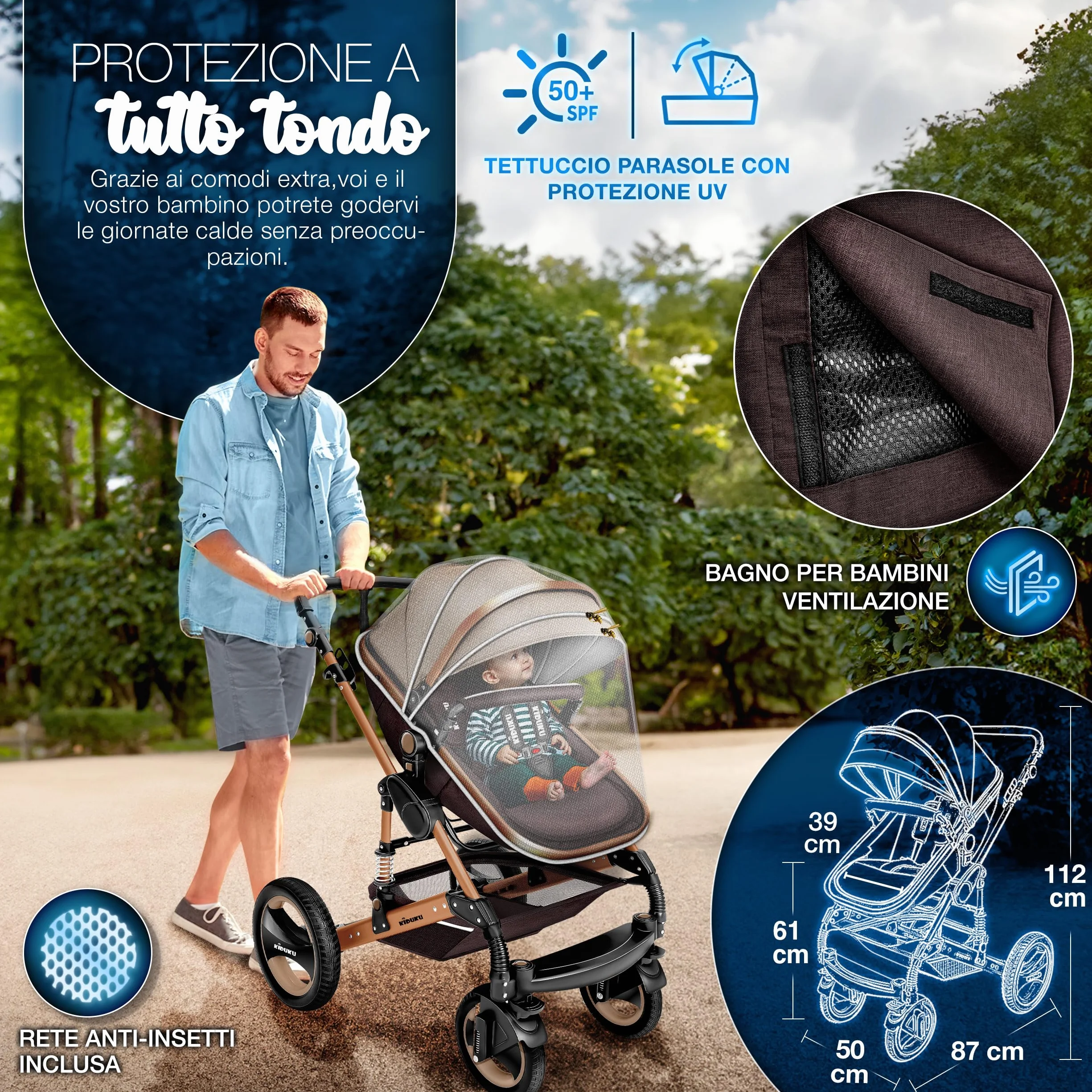 KIDUKU 3 in 1 Passeggino Completo Trio Sistema Combinato con Navicella Ovetto Seggiolino Auto Coprigambe ECE R129