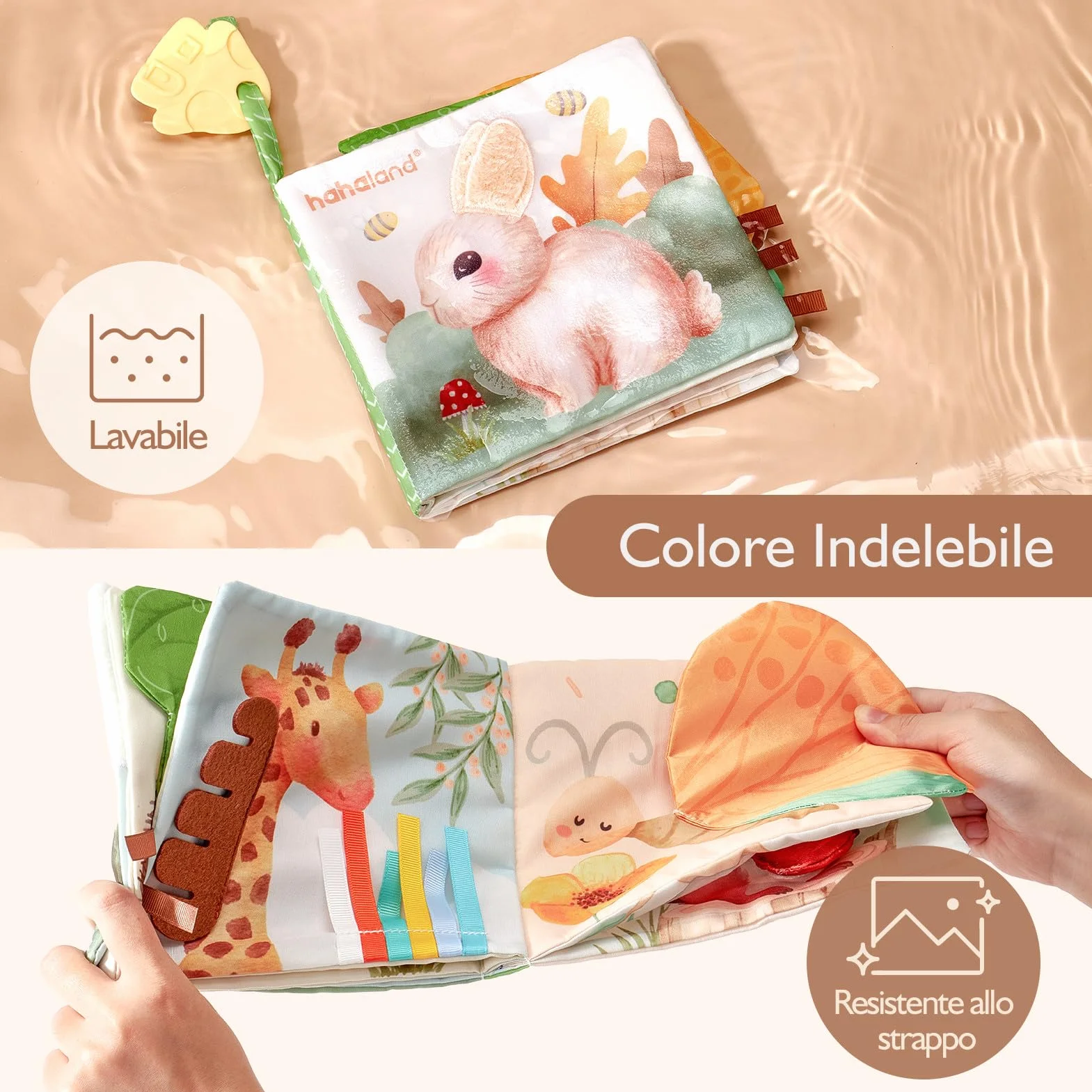 hahaland Libri di Stoffa Neonati 0-6 Mesi - Morbidi Animali Interattivi Libretto Tattile con Specchio - Giochi Sensoriali per Bimbo Bimba
