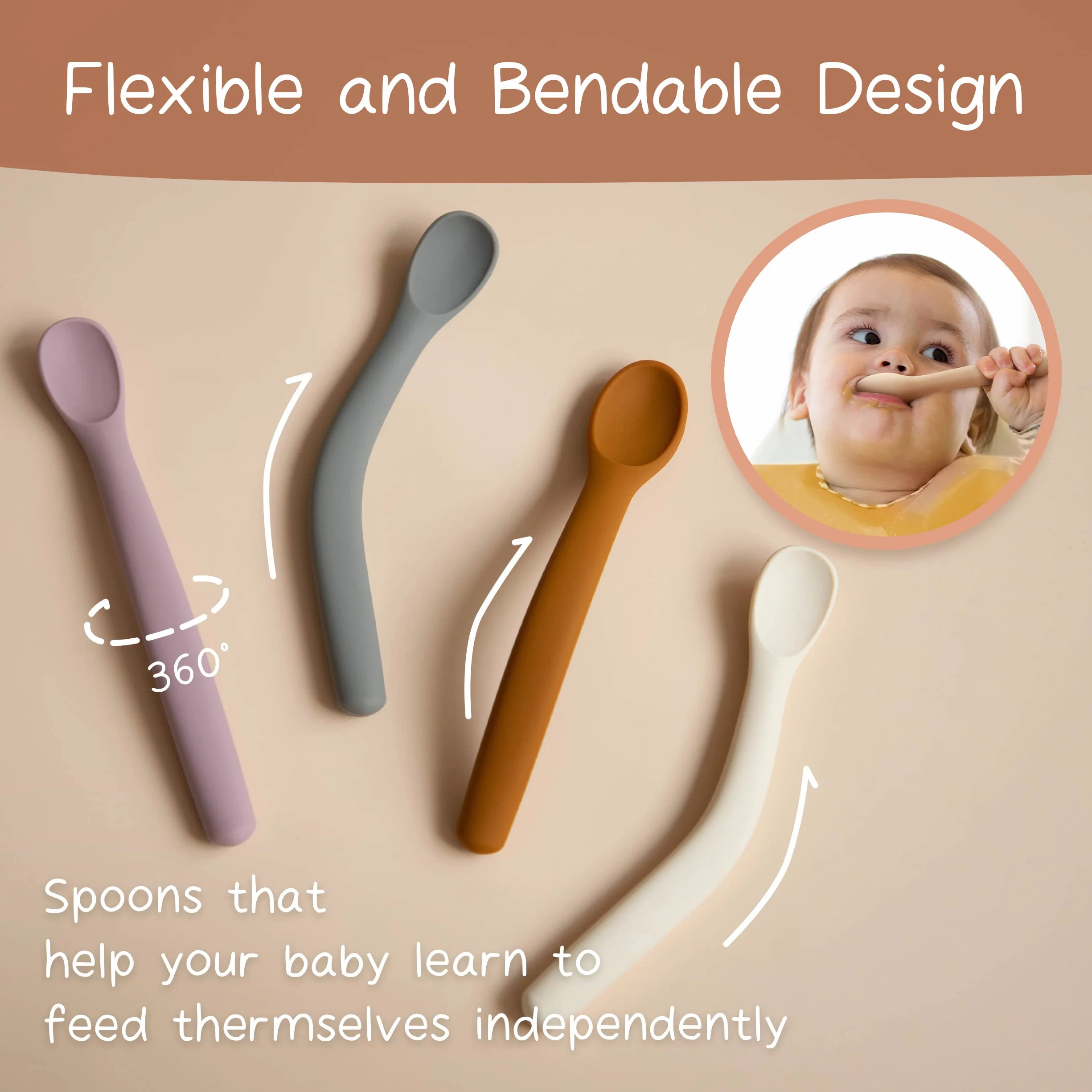 Moonkie Cucchiaino Silicone Neonato 4 Pezzi Posate Svezzamento Cucchiaio Morbido Prima Fase Autoalimentazione