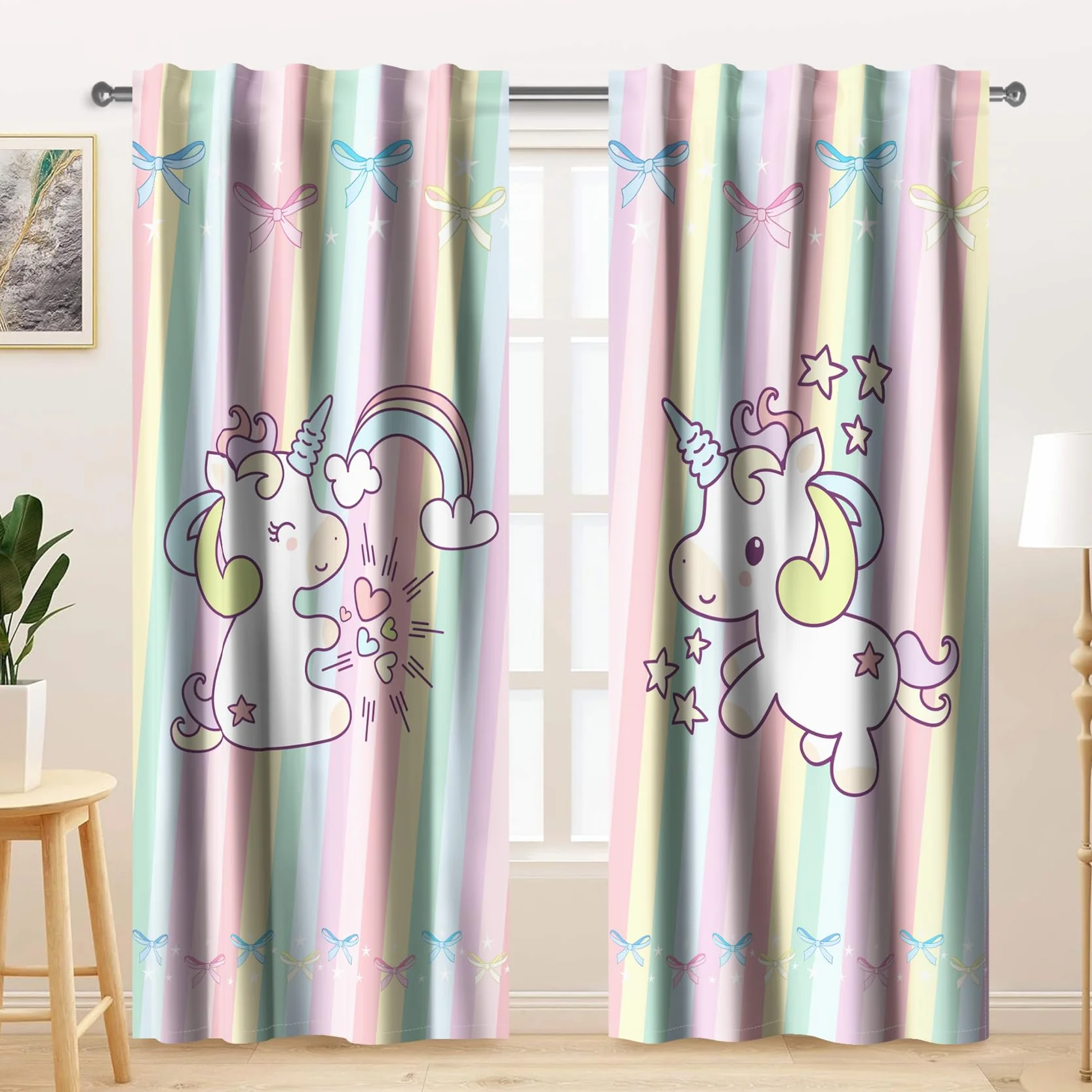 Tende Rosa 2 Pannelli 107x160cm Strisce Colorate Arcobaleno per Bambini Ragazze Cameretta