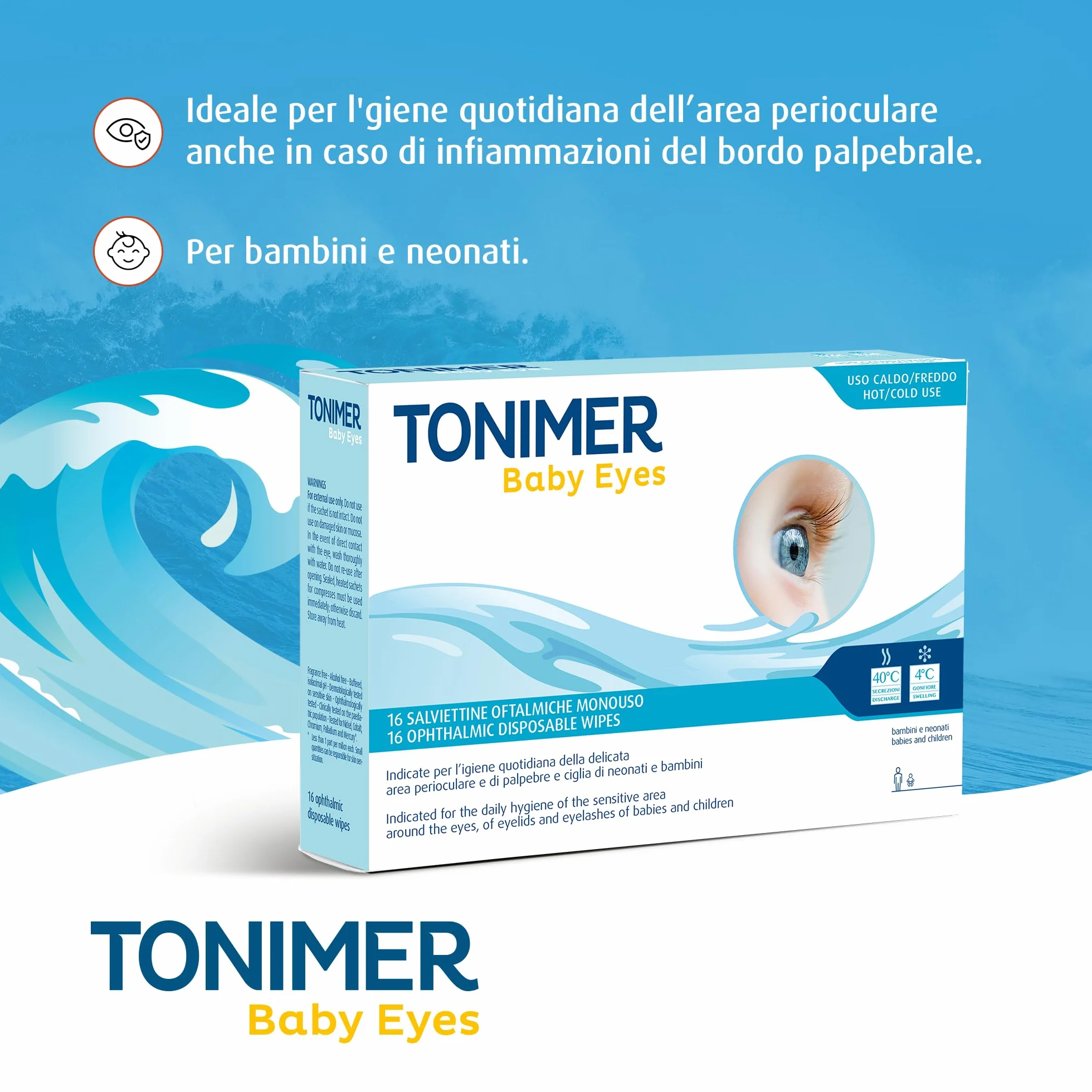 Baby Eyes Salviettine Oftalmiche Monouso 16 pz Igiene Delicata Area Perioculare Neonati Bambini con Eufrasia Acido Ialuronico Hamamelis Fiordaliso Senza Profumo Alcool