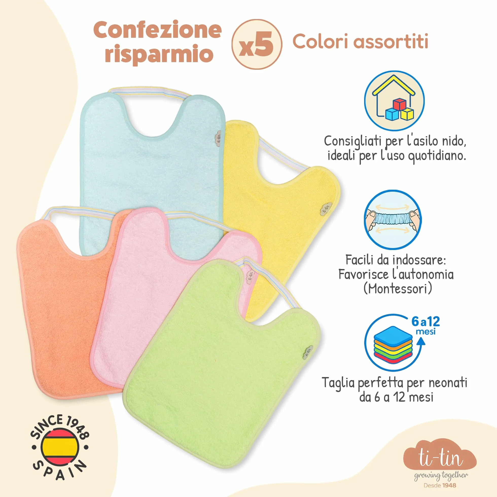 Bavaglini Impermeabili con Elastico per Asilo 5 Pezzi Spugna di Cotone Ultra Assorbente OEKO-TEX 6-12 Mesi