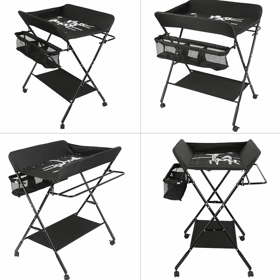 Fasciatoio Pieghevole per Neonato con Struttura Stabile, 4 Ruote con Freno, Portatile con Scomparti (80x66x98cm, Nero)