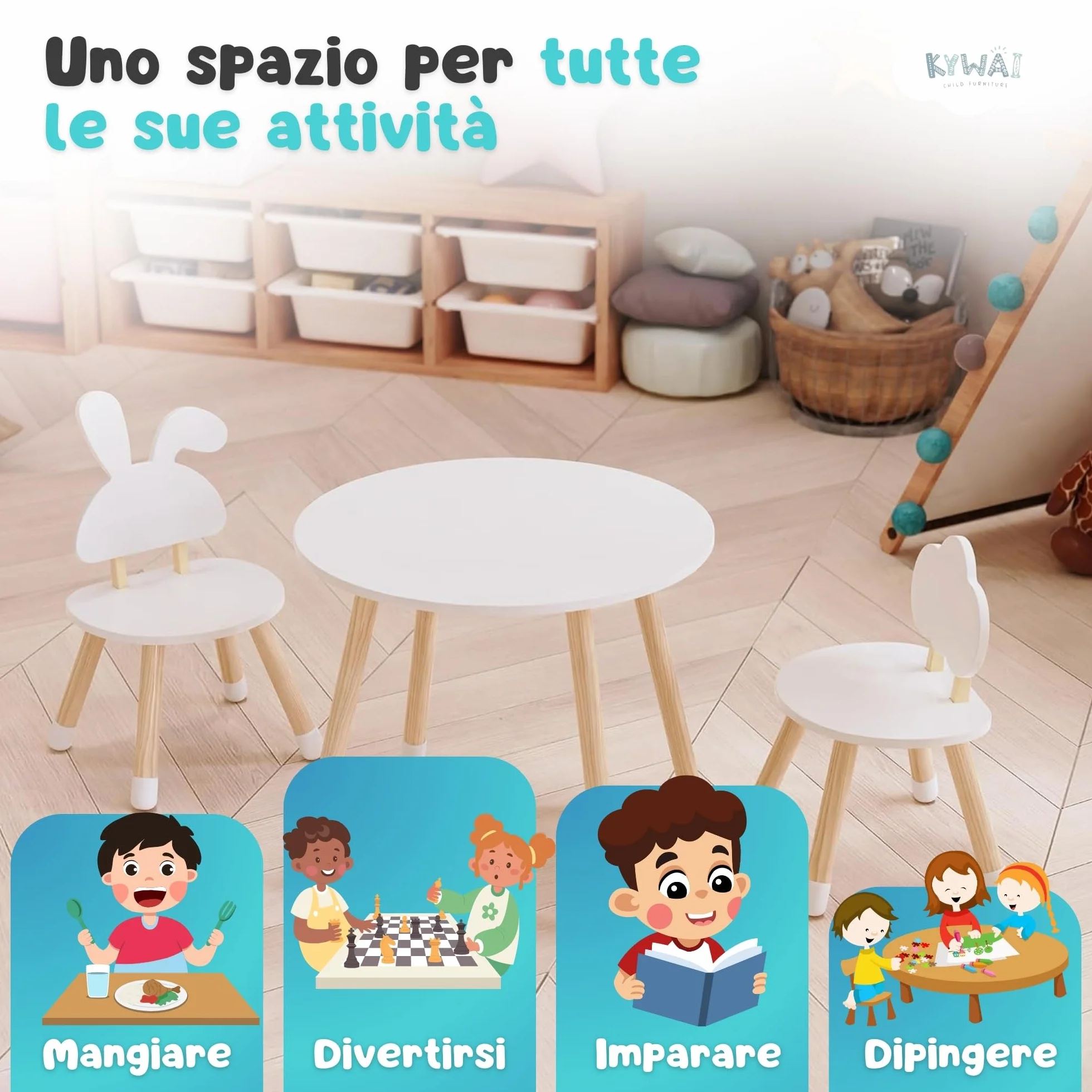 Tavolino Bambini con 2 Sedie in Legno di Pino - Tavolo e Sedie per Bambini