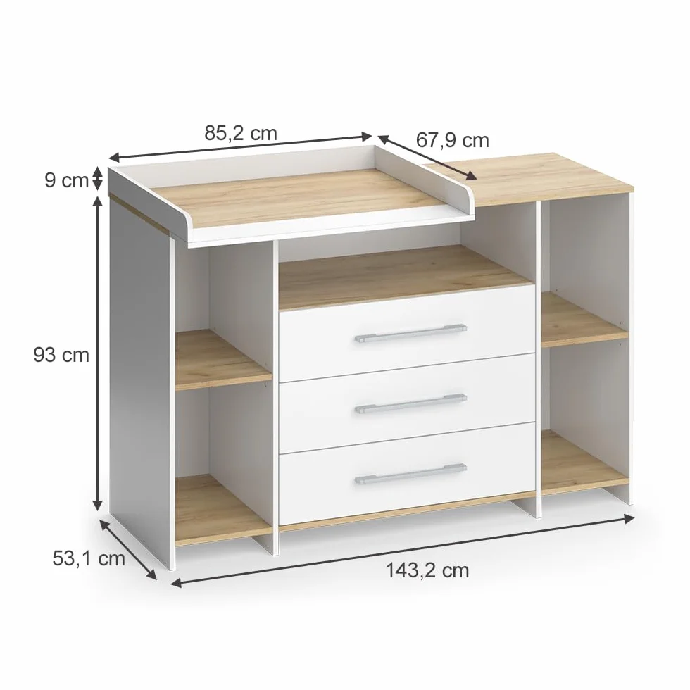 Vicco Fasciatoio Oskar, Rovere bianco/dorato, 143.2 x 93 cm, 3 cassetti, area di appoggio estensibile