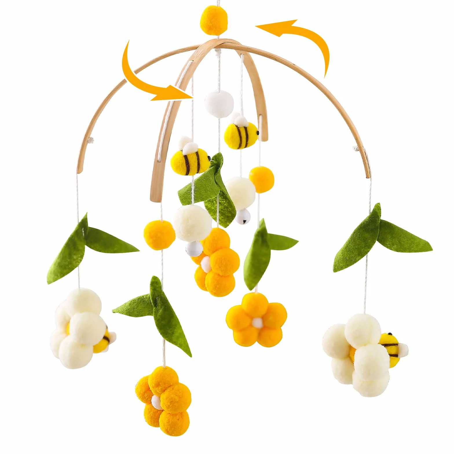 Culla Neonato in Legno con Palline di Feltro, Api e Fiori, Campanelli Eolici per Mobile, Decorazioni Cameretta 0+ Mesi