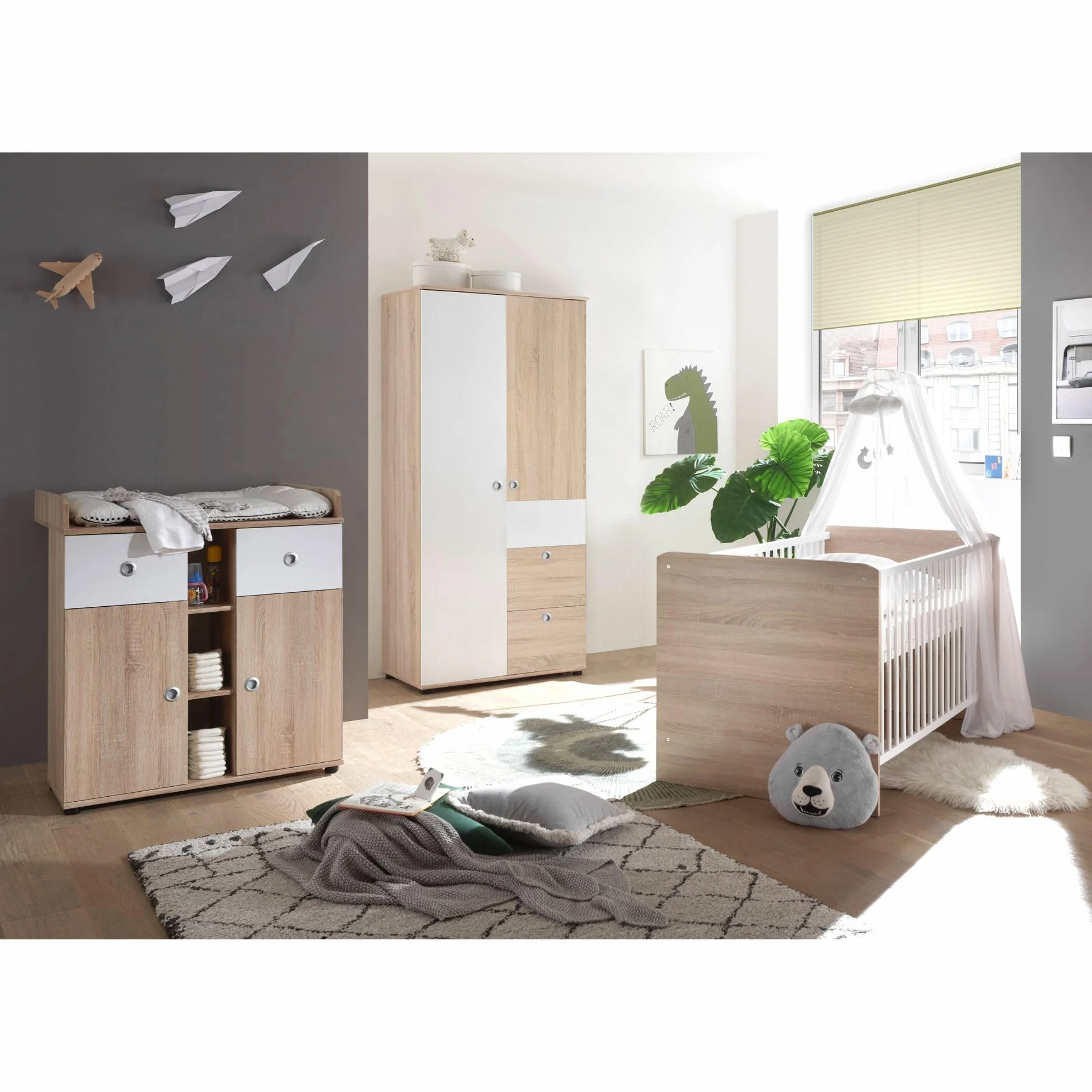 Stella Trading Wiki Completo Cameretta Bambini 3 Pezzi Rovere Armadio Culla Fasciatoio Legno Quercia Sonoma Bianco