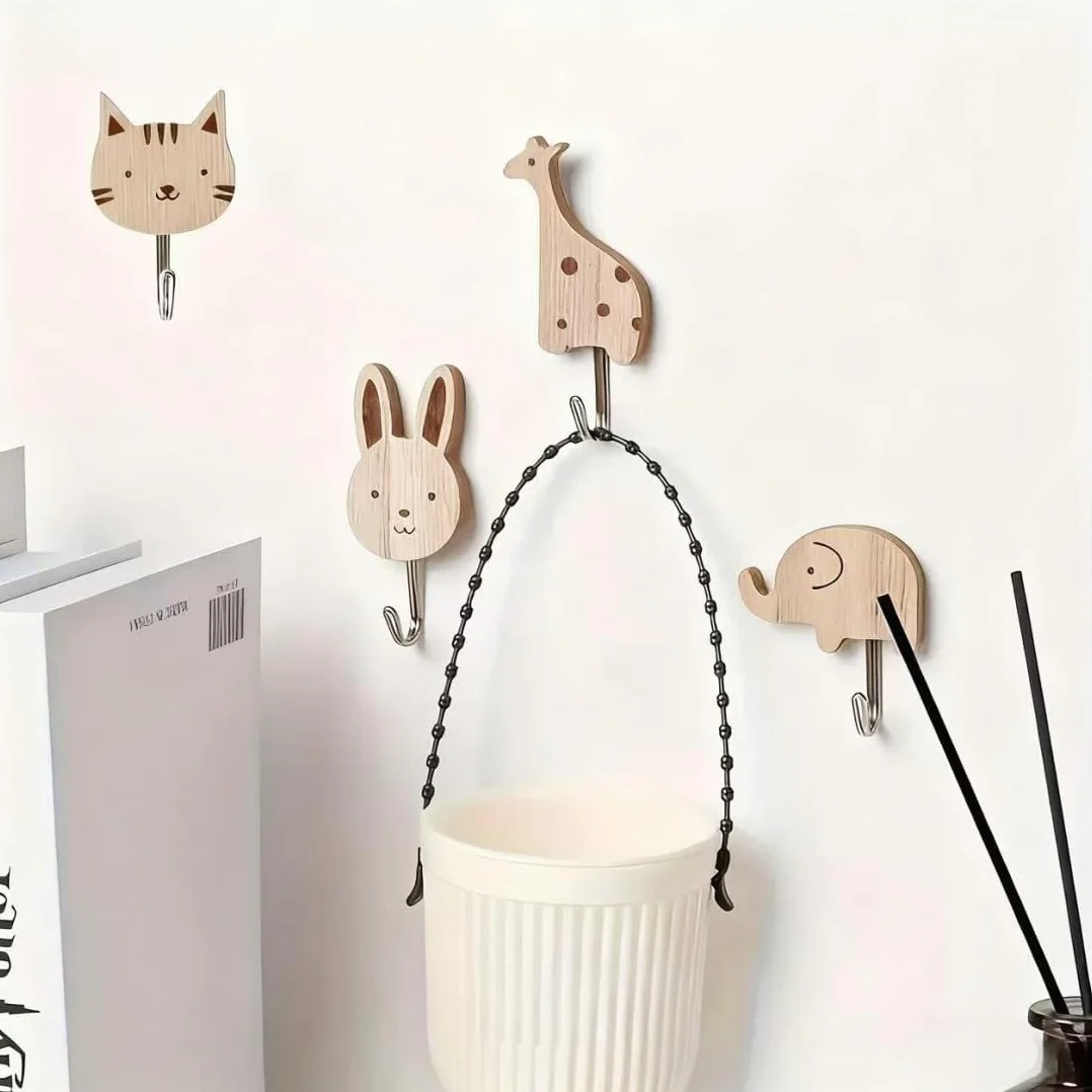 Appendiabiti Bambini da Parete Ganci Autoadesivi in Legno Animali Carini 6 Pezzi