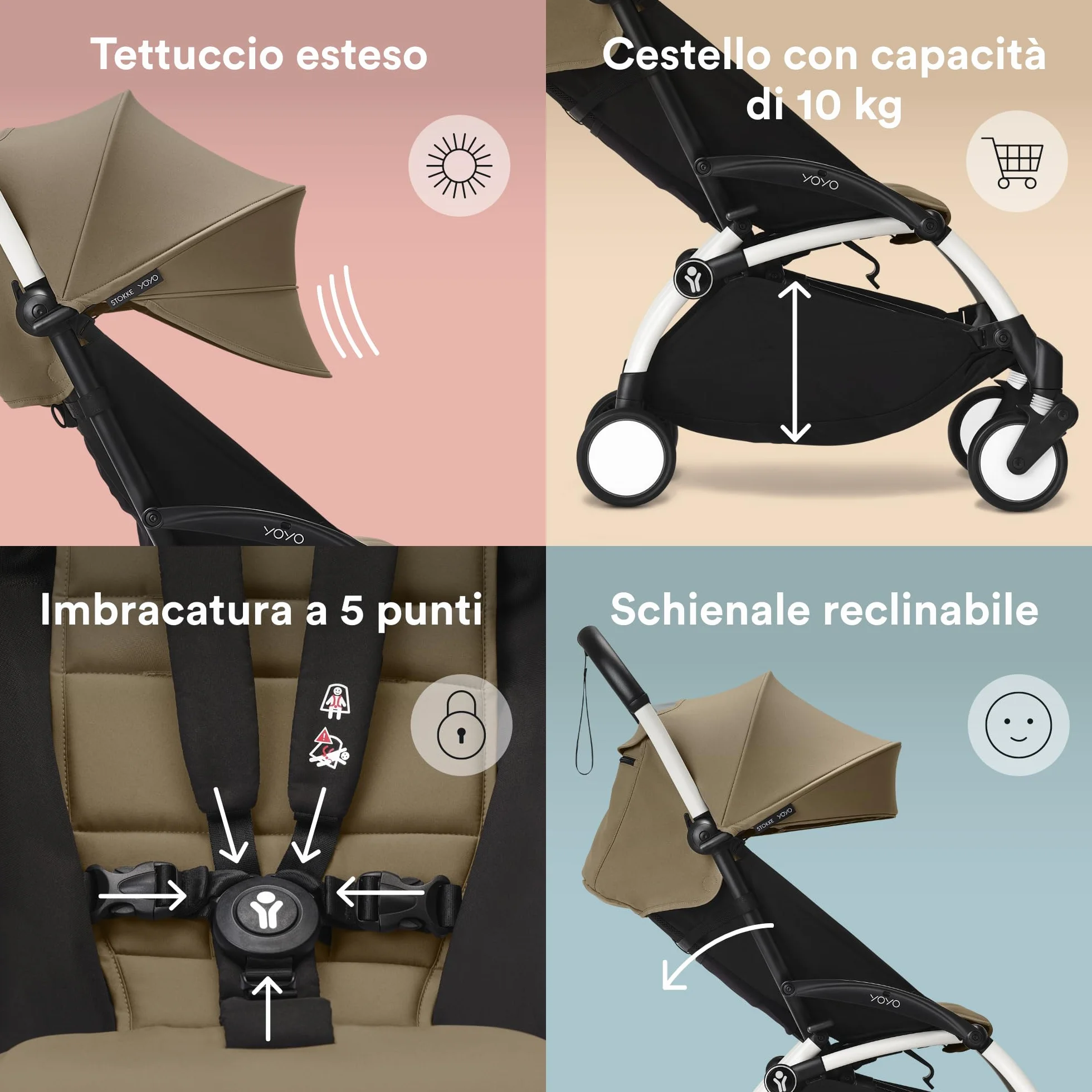 Passeggino Stokke YOYO3 6 mesi Telaio Bianco Cuscino Seduta Toffee Capottina Leggero Compatto Bagaglio a Mano