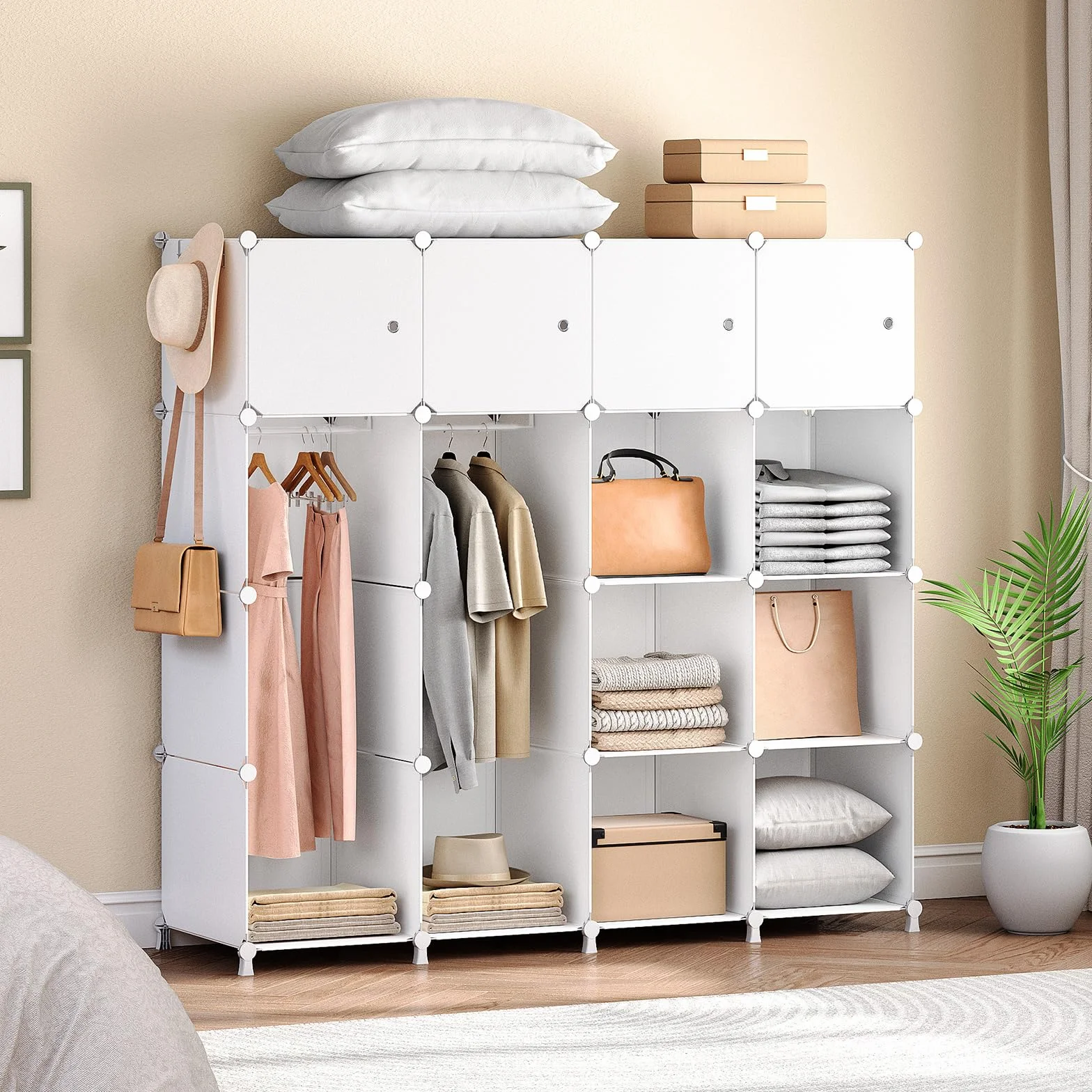 HOOBRO Armadio Modulare 16 Cubi con Ante, Portatile Guardaroba 2 Barra Appendiabiti, Bianco