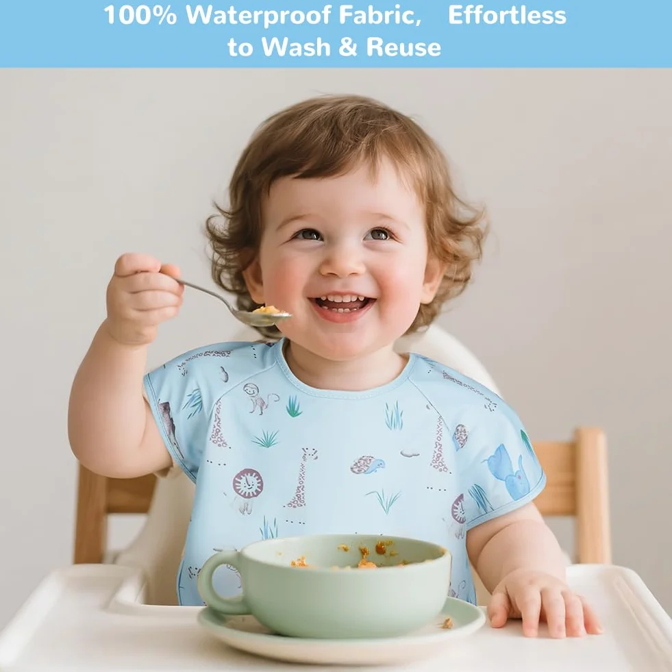 Vicloon Bavaglino con Maniche Corte Anti-Mess Impermeabile con Tasca per Bambini