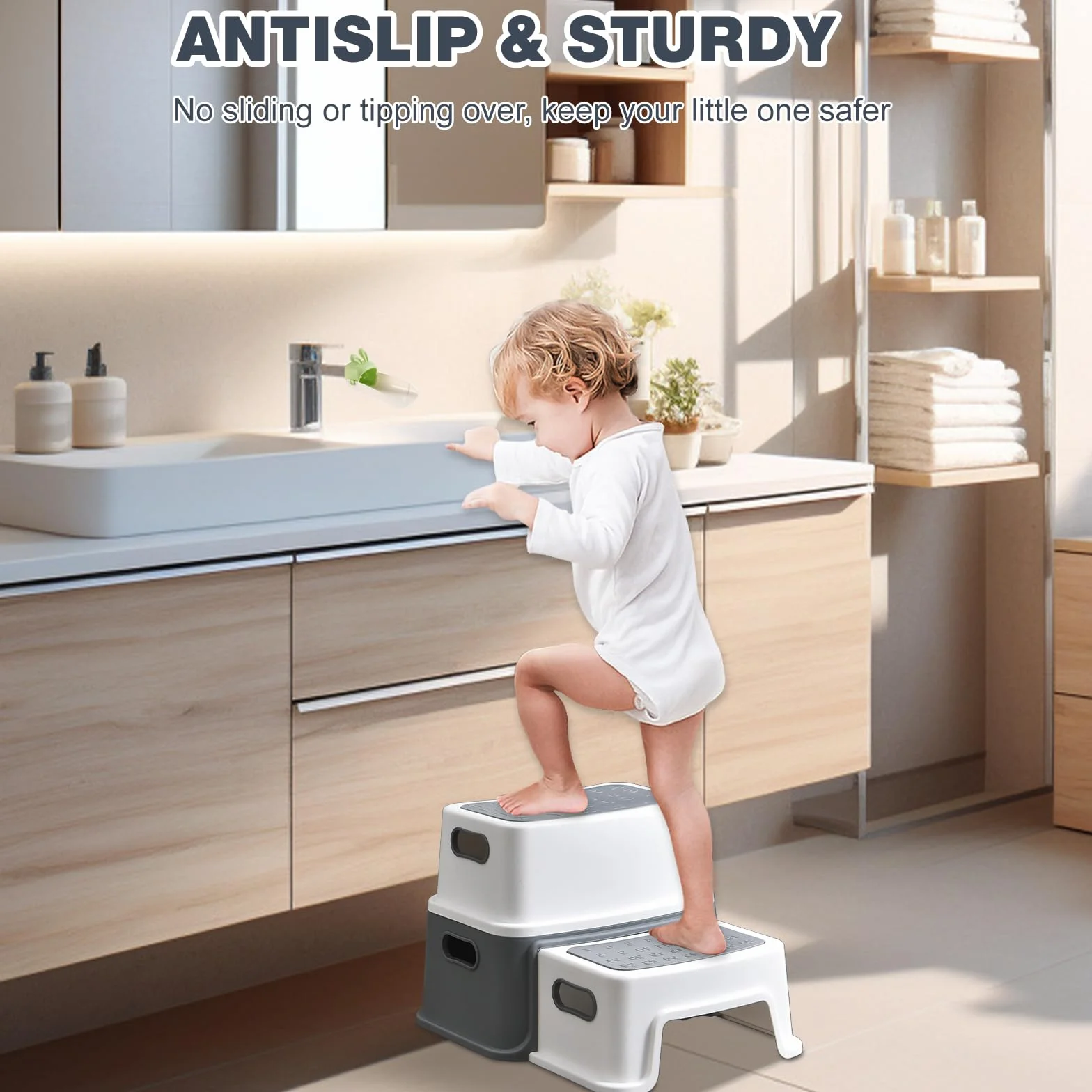 UCAMP Sgabello Bambini 2 Gradini Antiscivolo Antiribaltamento per Bagno Lavandino Toilette 90 kg