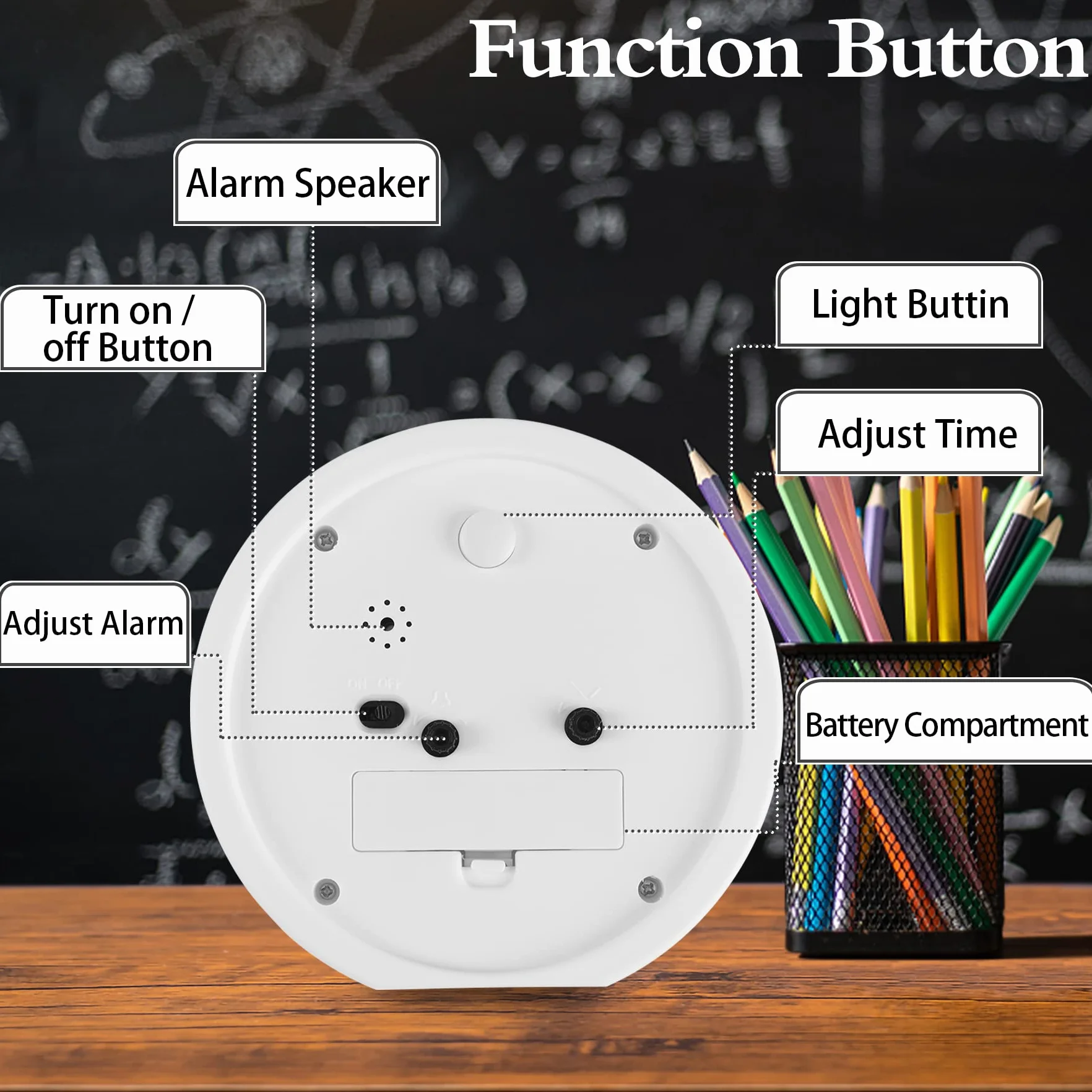 Sveglia per bambini senza ticchettio, silenziosa, con luce notturna, portatile, colore bianco