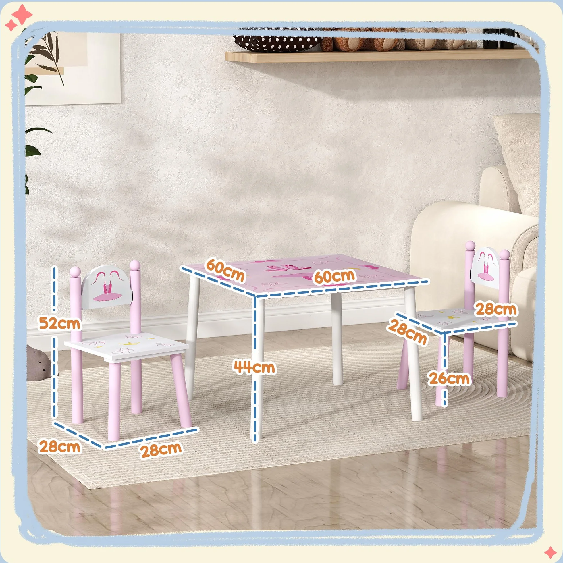 AIYAPLAY Tavolo e sedie per bambini 3 pezzi stile principessa Rosa e bianco