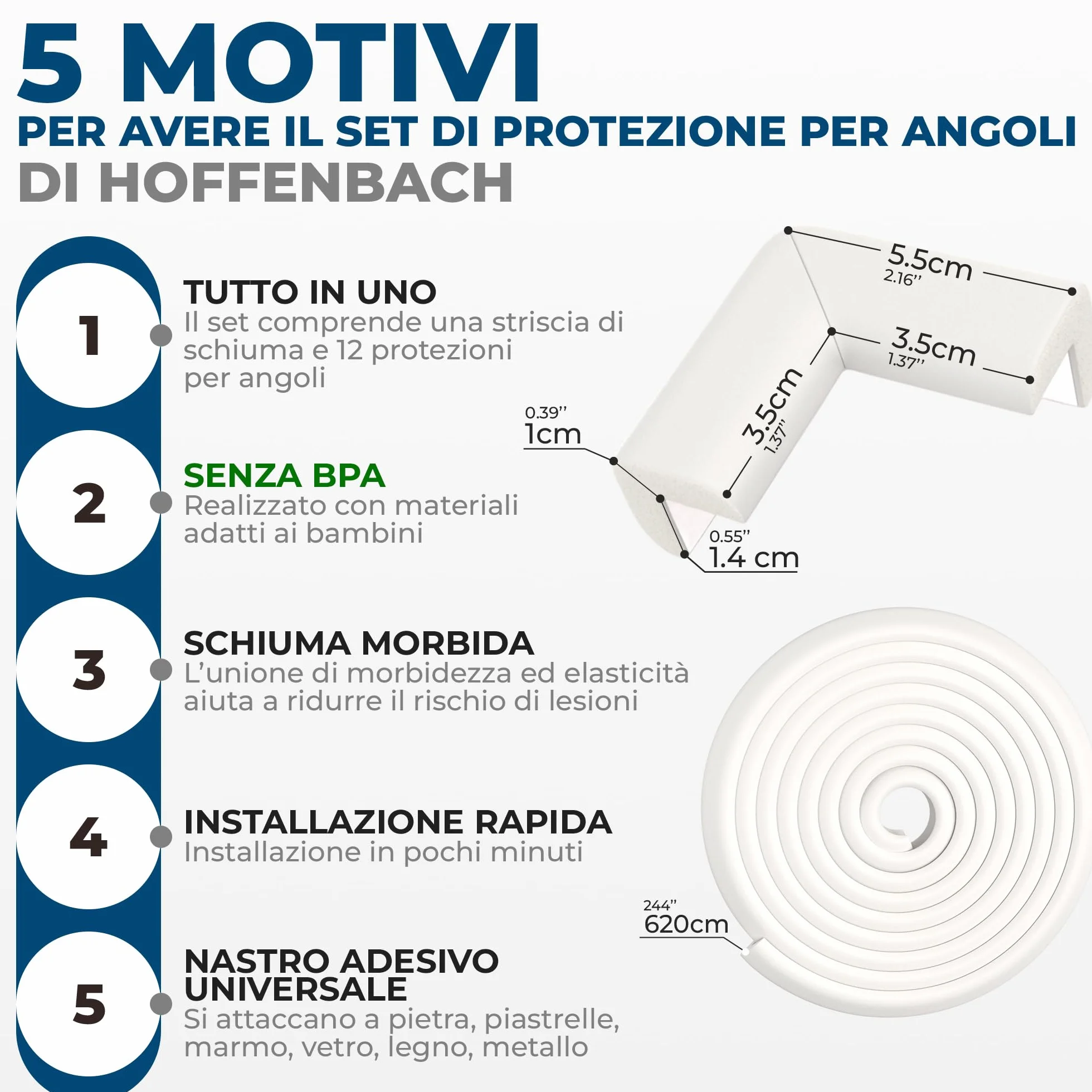 Hoffenbach Paraspigoli per Bambini 6,2 m, 12 Angolari, Paracolpi Lettino Neonato e Mobili, Gomma Bianco