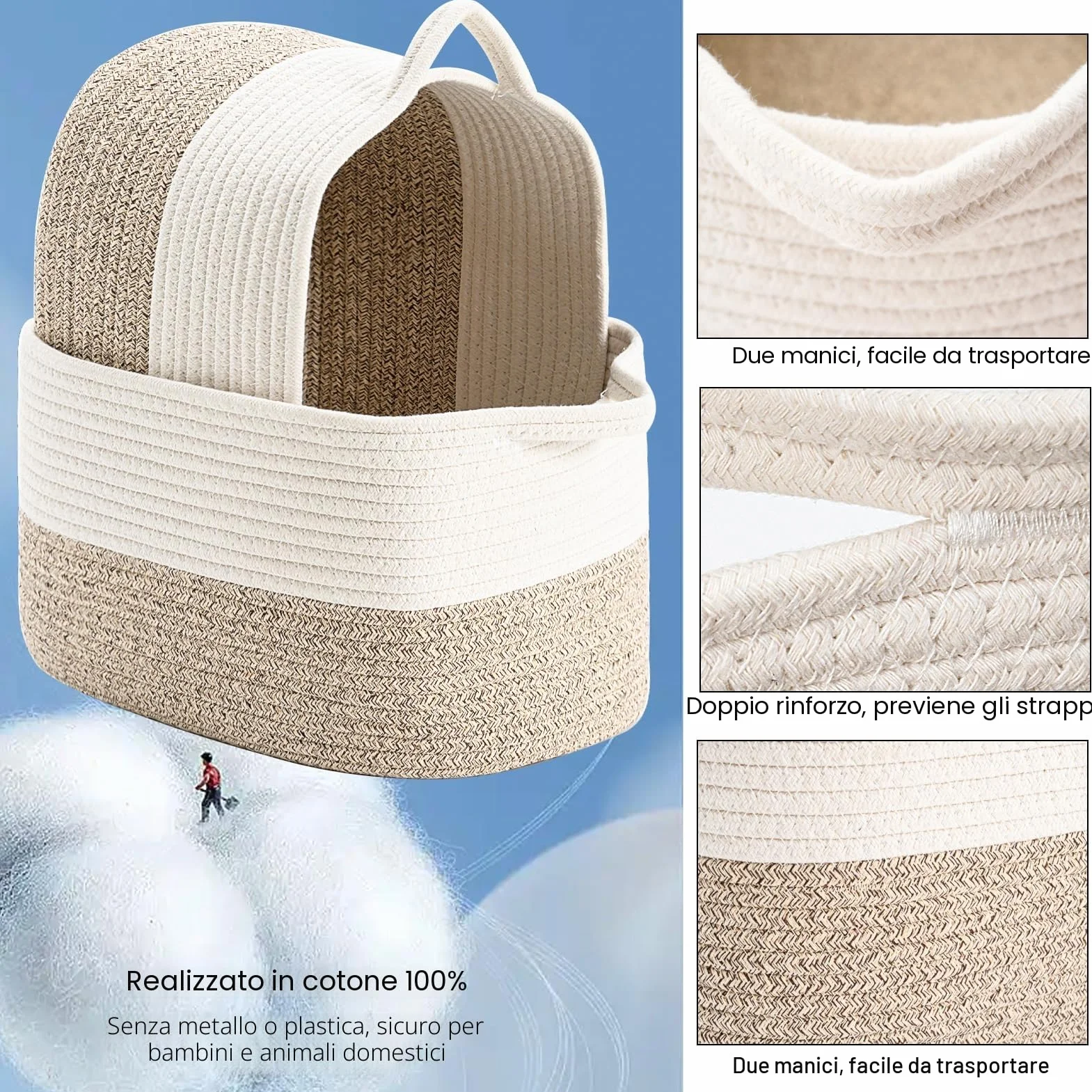 Cesto portaoggetti in corda di cotone per organizzare giocattoli bambini, cesti regalo, portabiancheria (Bianco e Marrone, 3 Pezzi)