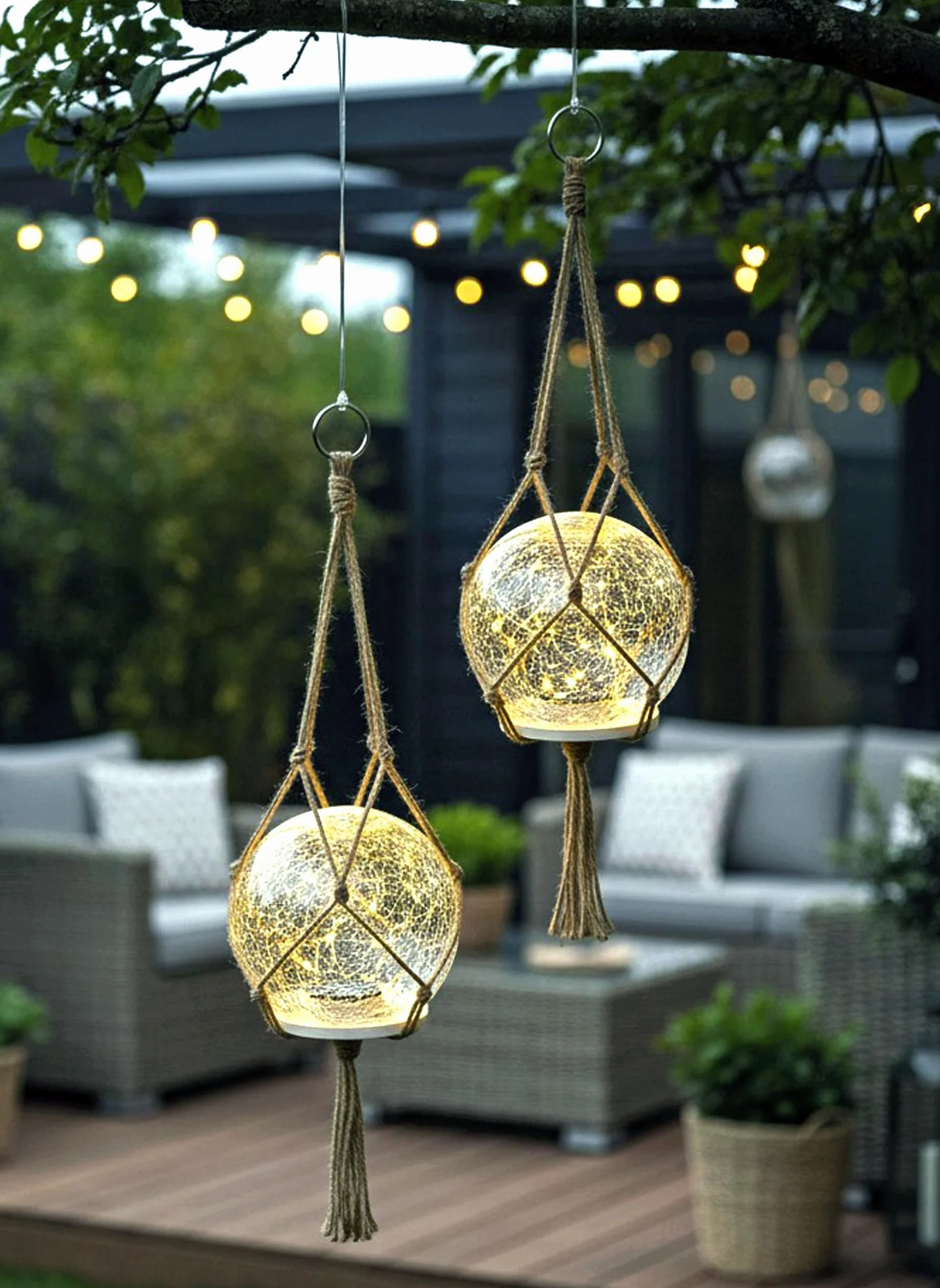 Lampada a sospensione solare e lampada da tavolo, set di 2 lampade solari per esterni, 15 cm, stile bohémien, con vetro di alta qualità con rete di iuta, decorazione da giardino, bianco caldo