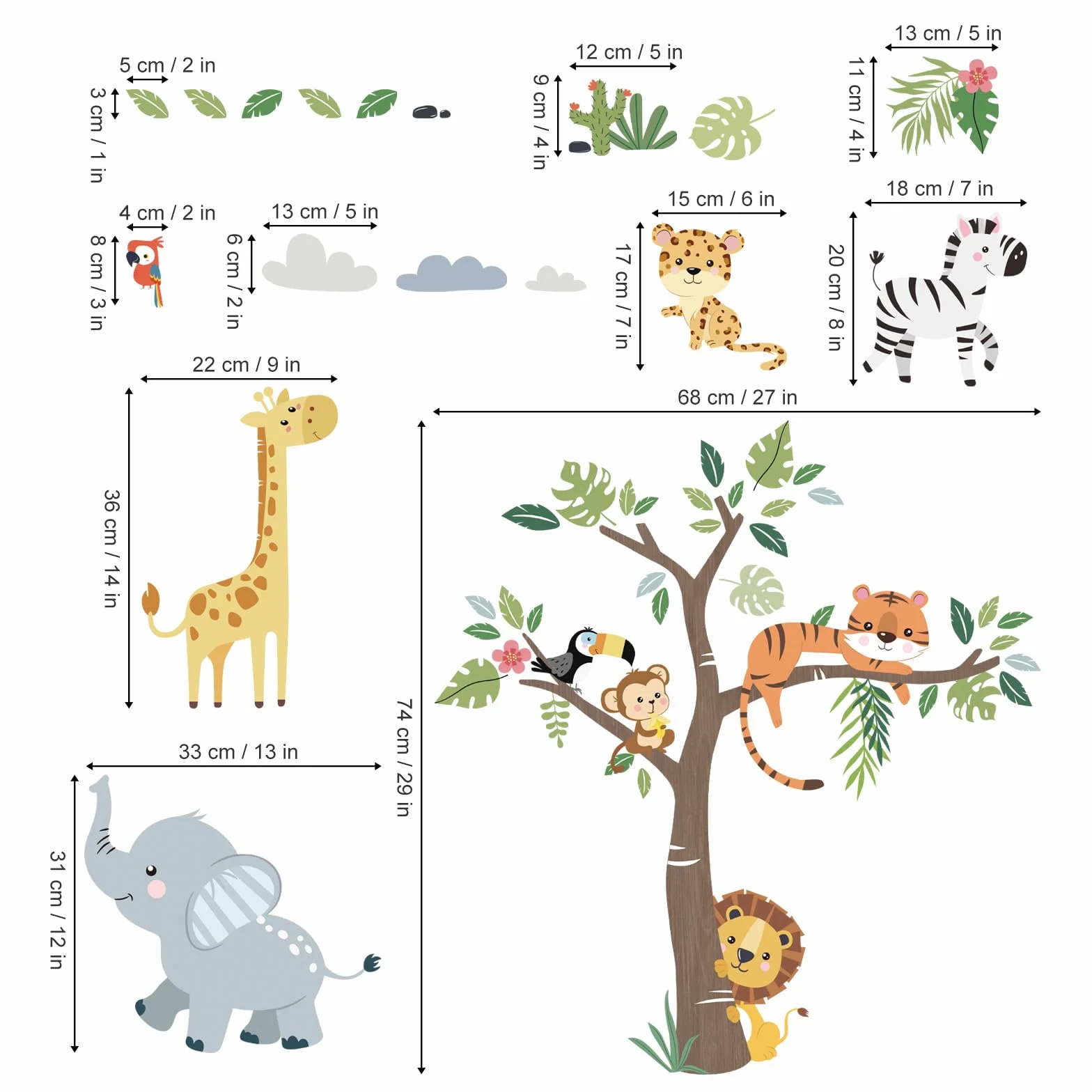 Decalmile Adesivi Murali Animali Giungla Safari Elefante Giraffa Leone Decorazione Murale Bambini