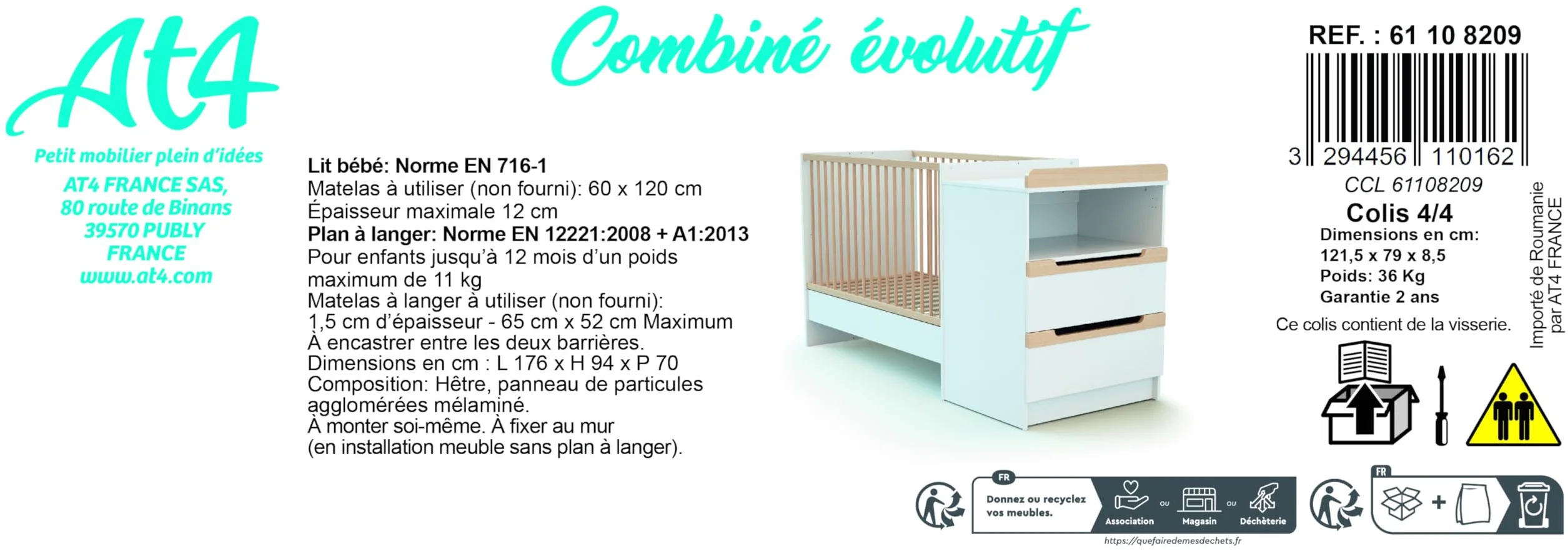 Letto combinato evolutivo CARROUSEL legno Bianco Faggio natural 60x120-194x94x70 cm