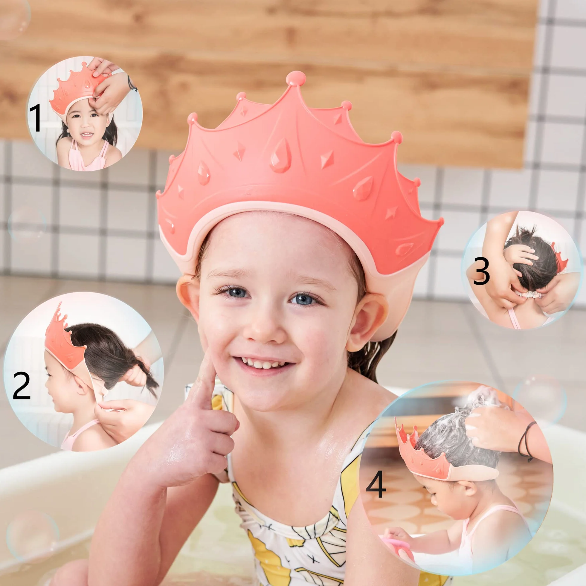 Cuffia da doccia per bambini regolabile impermeabile, protezione shampoo senza lacrime, 0-9 anni (rosso)