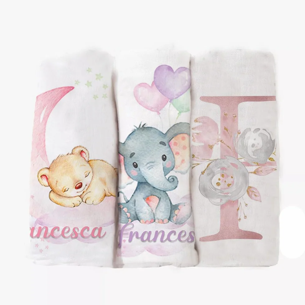 Mussole Personalizzate Con Nome 70x70cm Cotone Bambù Set 3 Pezzi Idea Regalo Neonato