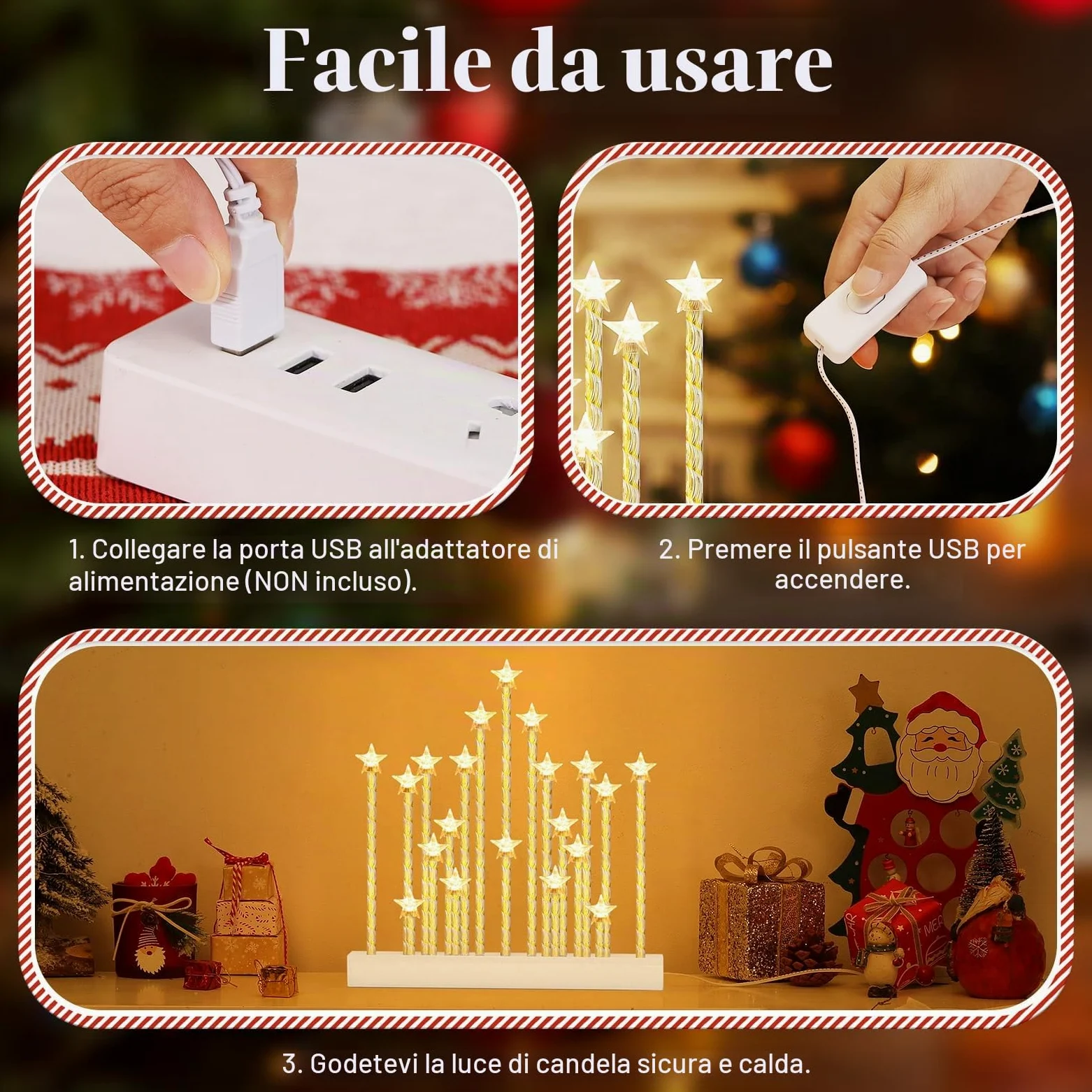 Lewondr Candelabro Svedese di Natale, Candele Senza Fiamma Stella con 20 LED Taper Candele Elettriche, USB Powered Candela Finestra di Natale per la Decorazione di Natale Regalo di Nozze, Bianco