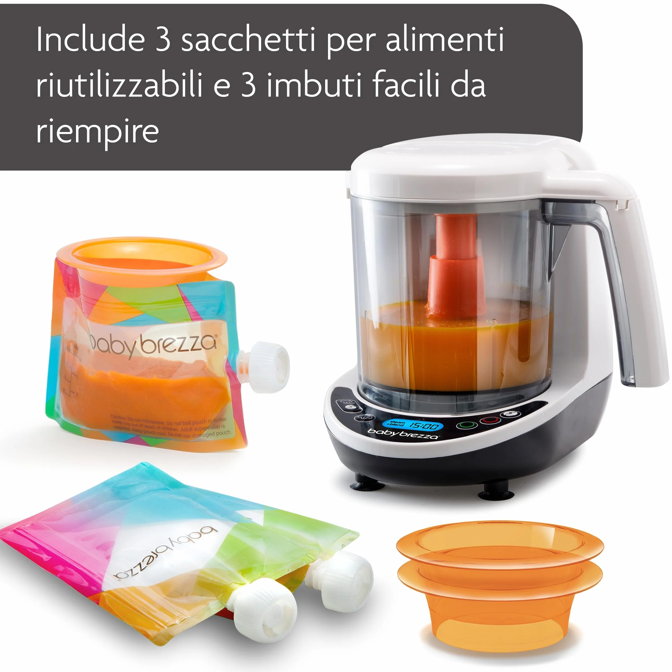 Baby Brezza Food Maker Deluxe Bianco Cuocipappa Omogeneizzatore Neonati Vapore Frullatore Pappe Spegnimento Automatico Lavabili Lavastoviglie 3 Sacchetti
