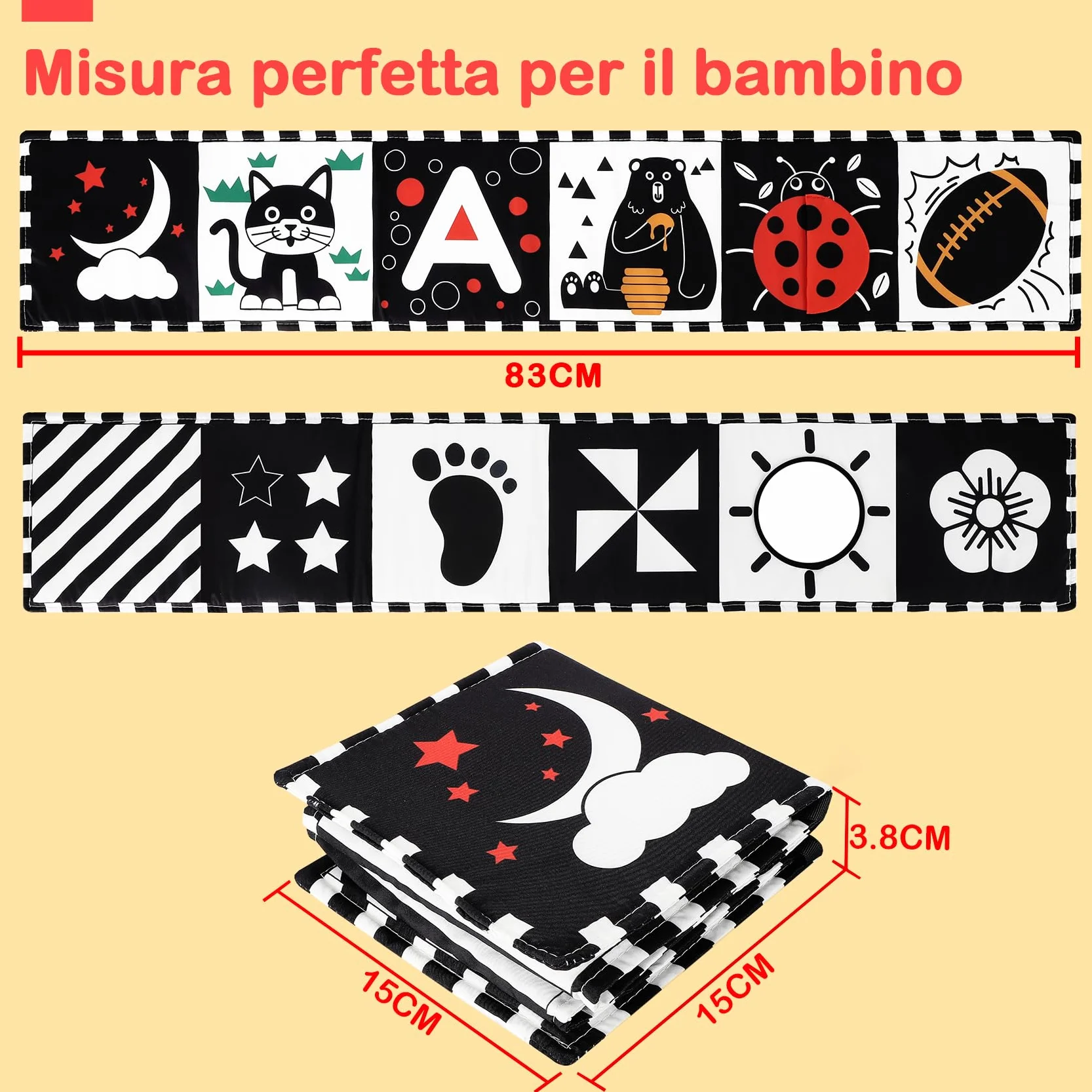 Libri Sensoriali Neonato con Specchio, Libro di Stoffa per Neonati,Giochi 0 3 6 12 Mesi,Tummy Time, Bianco e Nero 11 Motivi,Pieghevole Lavabile