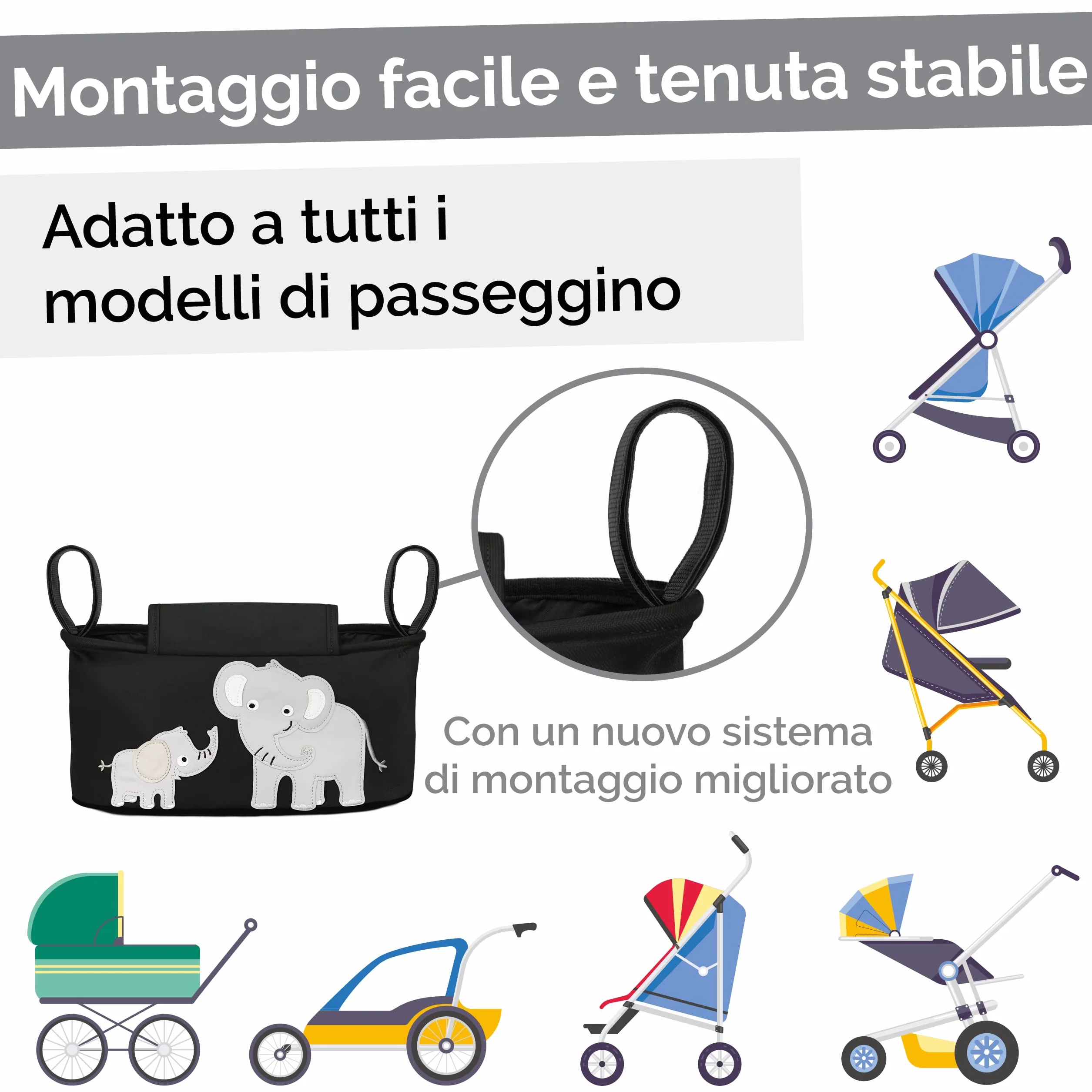 GLÜCKSWOLKE Borsa per Passeggino 12 Motivi Organizer Carrozzina Neonato Portaoggetti Dispenser Salviette Universale Elefante Nero