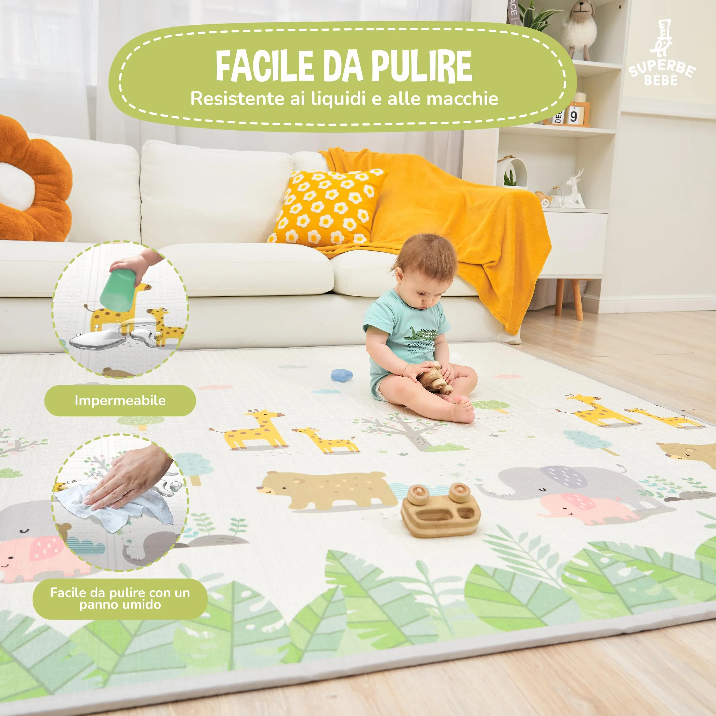 Mat Play Mat Pieghevole 180x200x1.5cm Neonato Montessori Reversibile Impermeabile
