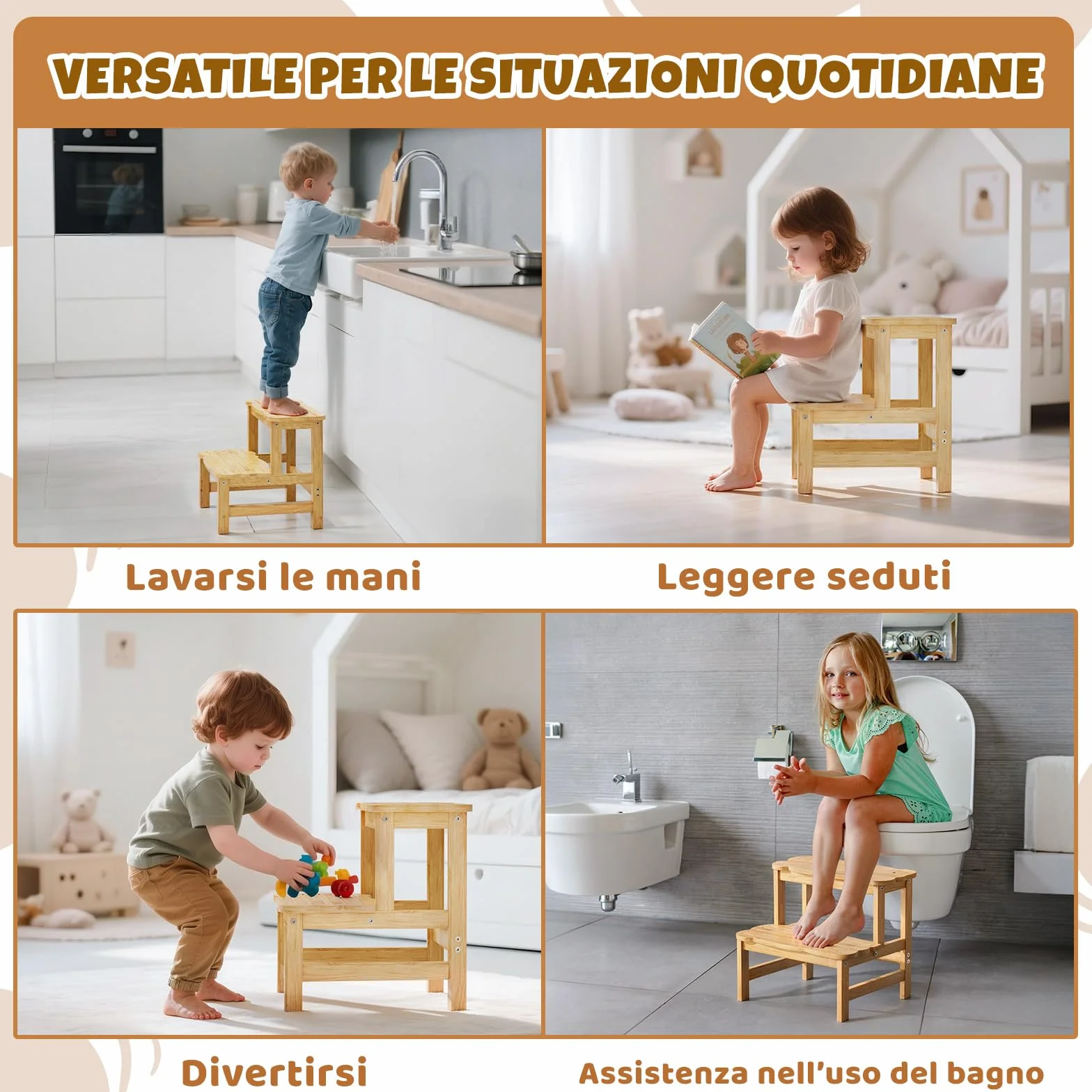 COSYLAND Sgabello Bagno Bambini in Bambù a 2 Gradini Antiscivolo Fino a 136 kg Naturale
