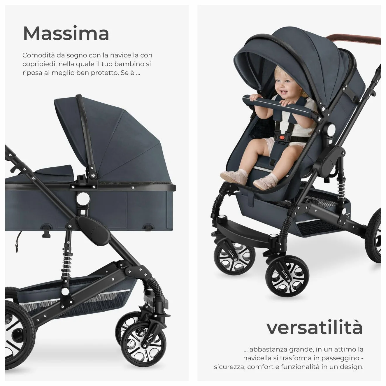 tectake® Passeggino Combinato Pieghevole 2 in 1 Leggero con Cintura a 5 Punti e Freno a Pedale Antracite