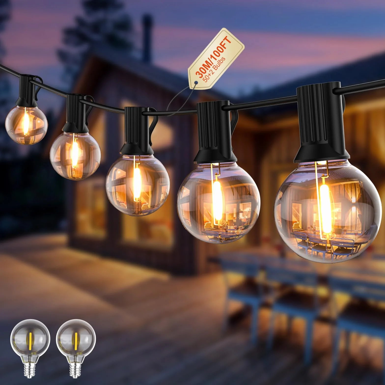 Luci Da Esterno Giardino G40 30M Festoon Lights Alimentazione LED 24V Con 50 Lampadine Infrangibili Impermeabile Per Patio Giardino Balcone Gazebo Pergola Portico
