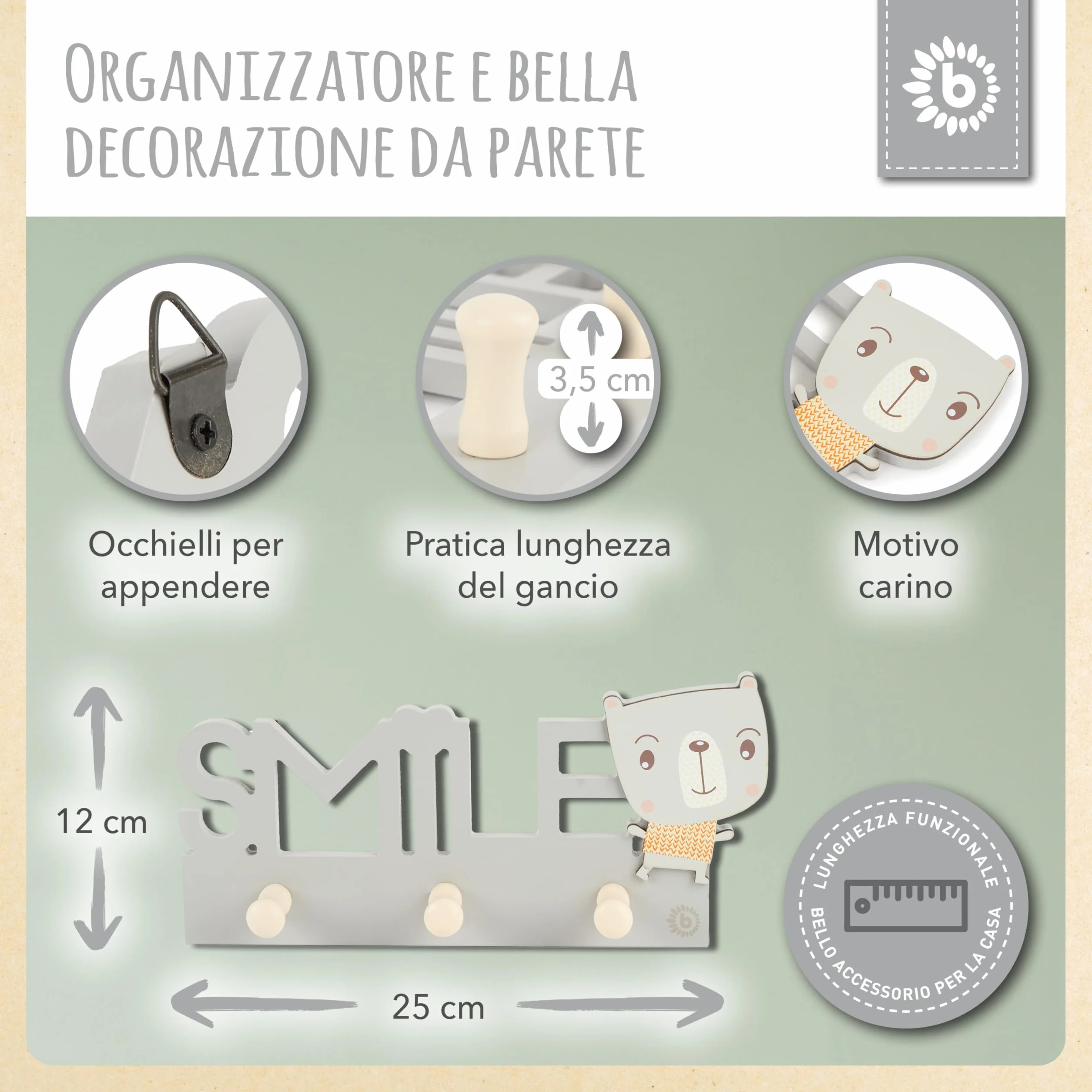 Bieco Smile Gancio appendiabiti per bambini in legno 25 cm 3 ganci da parete