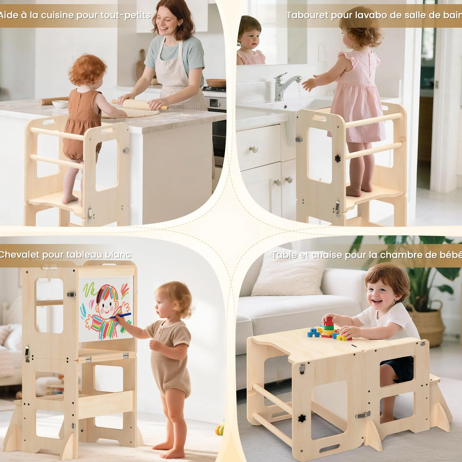 Torre Montessoriana 4 in 1 Pieghevole per Bambini da 1 Anno con Lavagna e Lavagna Bianca, Regalo 1-3 Anni
