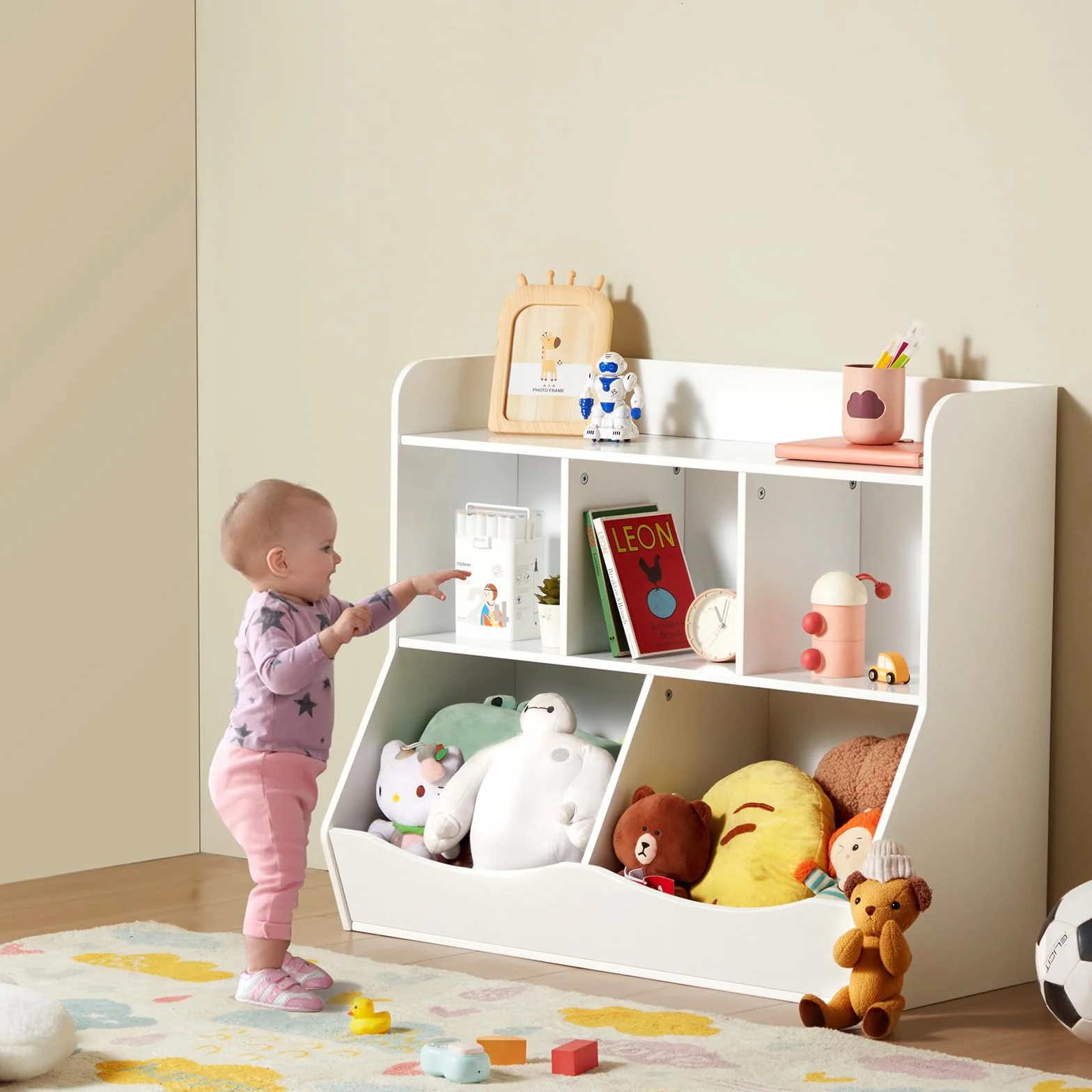 VEVOR Scaffale Portaoggetti in Legno per Bambini, Organizzatore Giocattoli con Scaffale per Libri, Armadietto per Camera Giochi