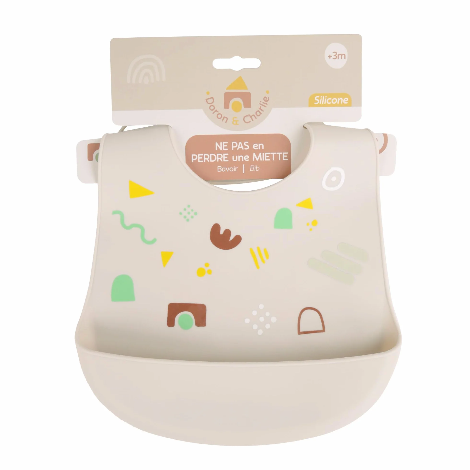 Bavaglino in Silicone Regolabile Impermeabile Beige per Bambino da 3 Mesi