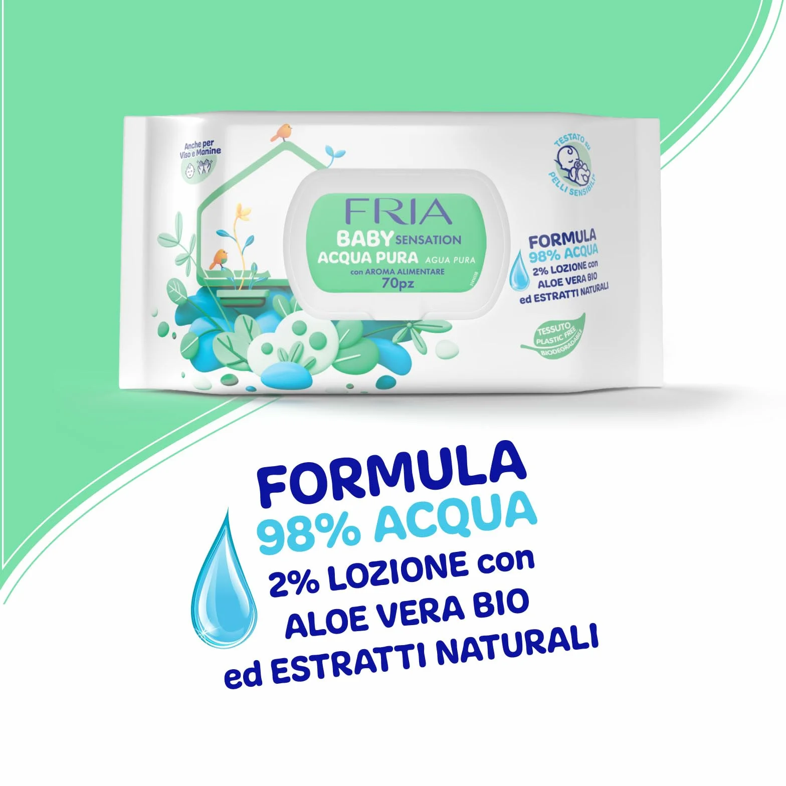 Fria Baby Sensation Acqua Pura Salviette per Cambio Pannolino, 98% Acqua Purificata, 70 Salviette