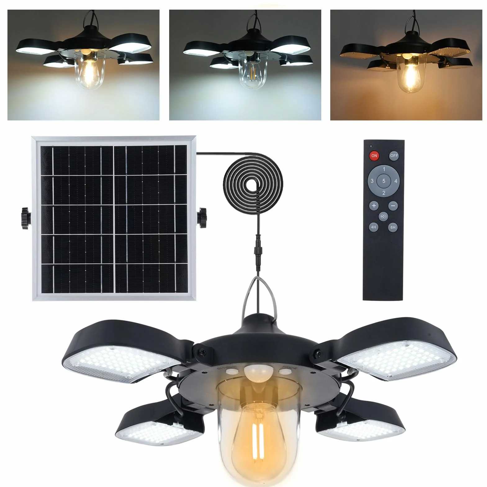 Lampade solari per esterni con telecomando, 192 LED, batteria da 5400 mAh, con cavo da 5 m, impermeabile, 7 W, 3200 lm, 5 modalità, per interni ed esterni, pollaio, serra