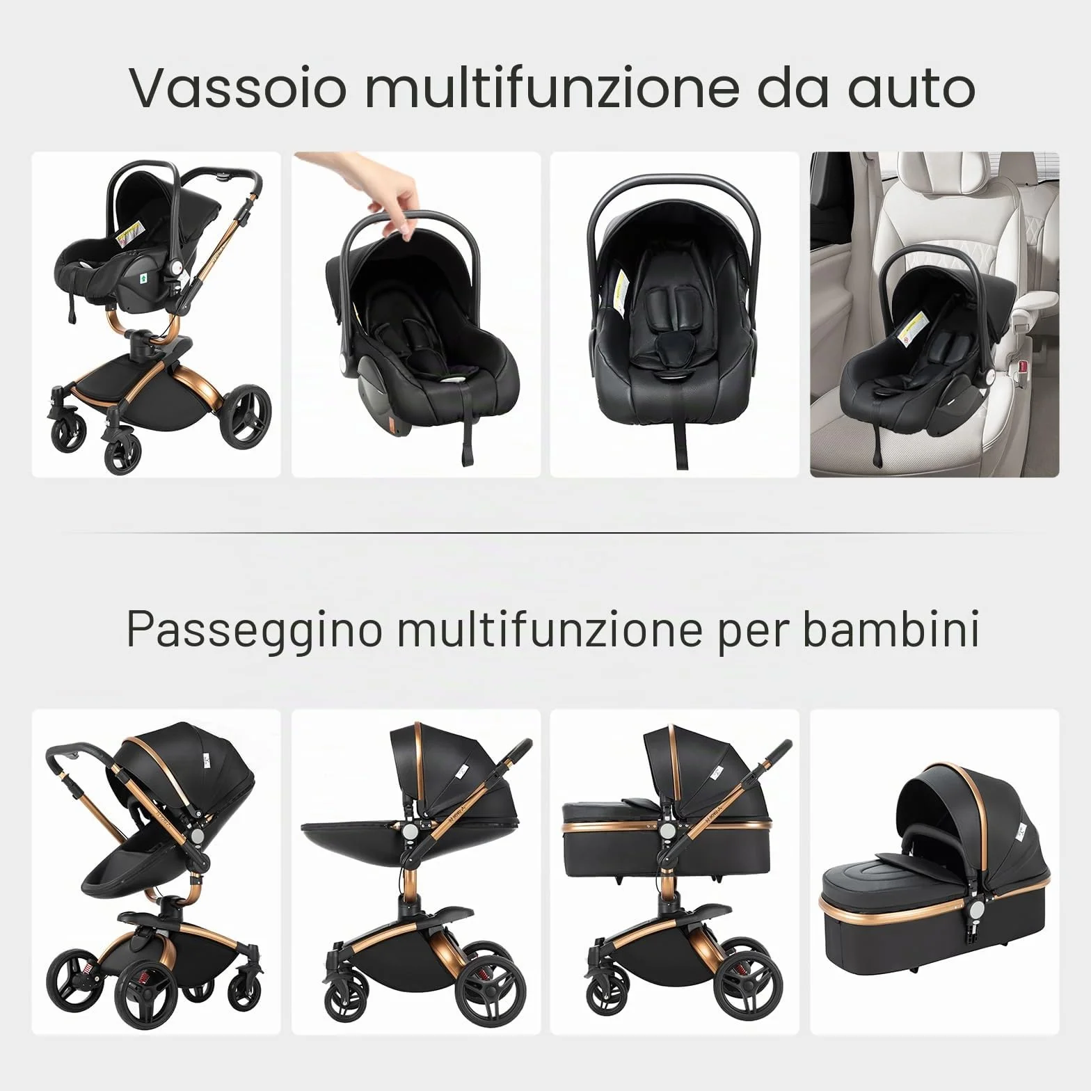 Magic ZC 360° Girevole Pelle PU Passeggino Trio 3 in 1 Reversibile a Due Vie per Neonati con Accessori (906 Black)