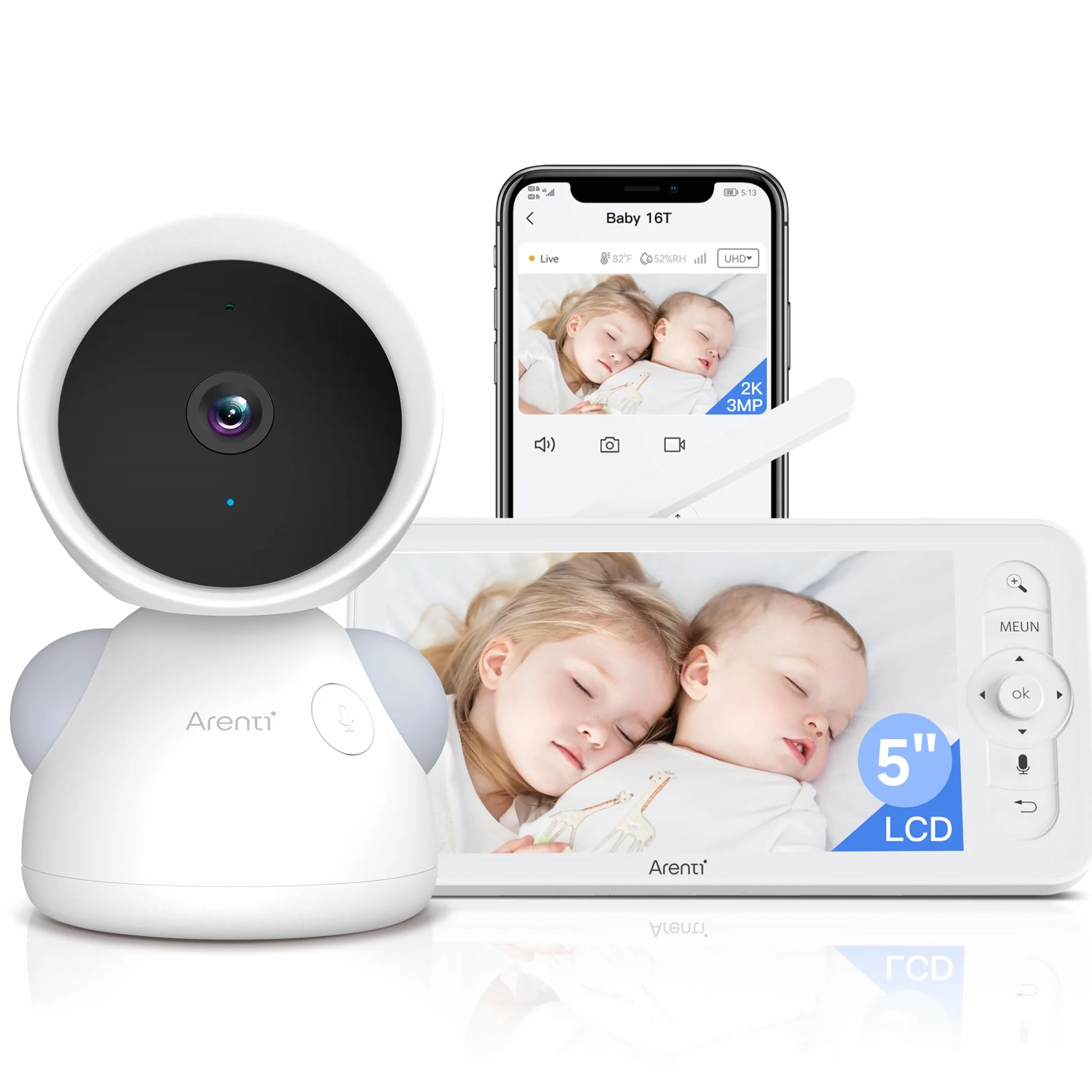 ARENTI Baby Monitor Video e Audio 2K, Telecamera Bambini con Monitor 5'', Rilevamento di Temperatura/Umidità e Suoni/Movimenti, Visione Notturna, Audio Bidirezionale