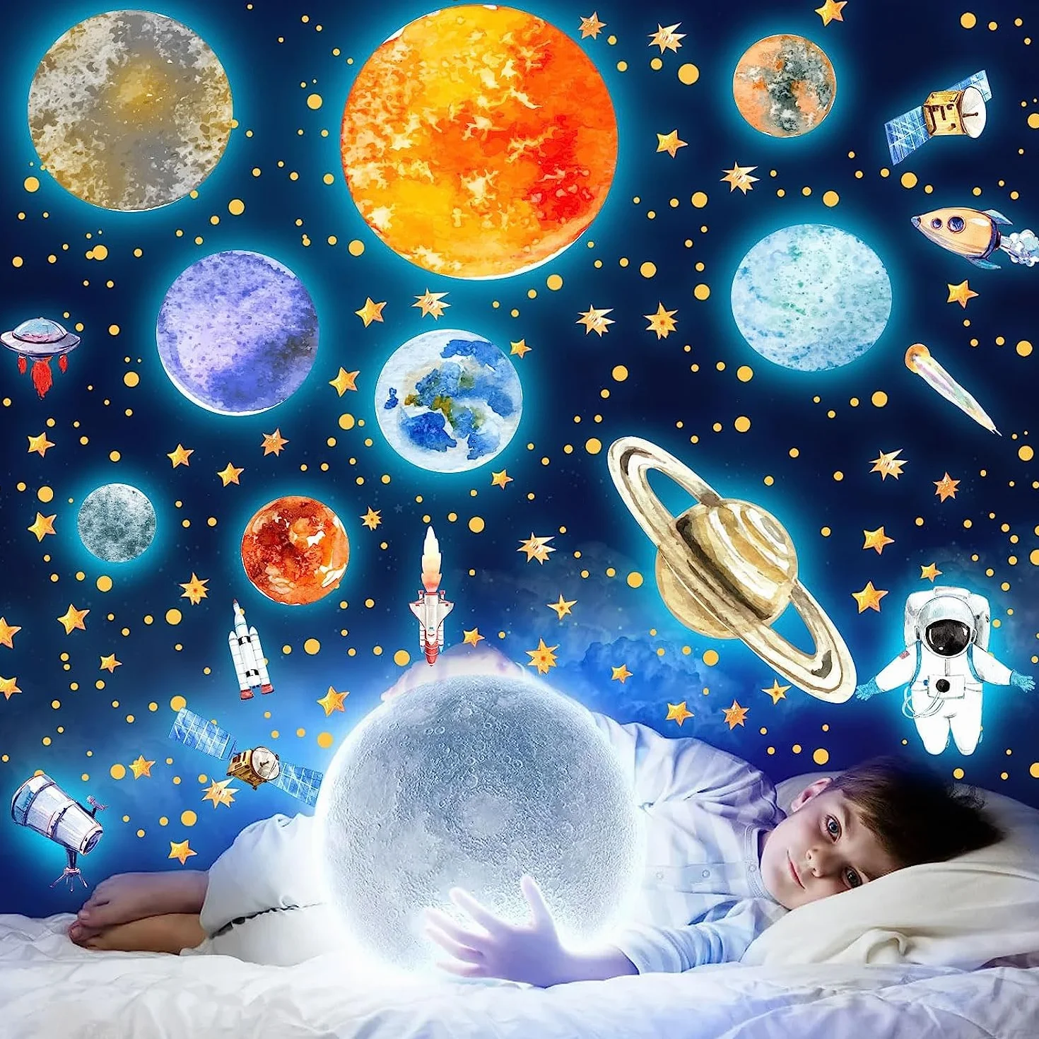 Adesivi da Parete Fluorescenti Stelle Astronauta Pianeta Spazio Murali Sistema Solare Decorazione Camera Bambini Blu