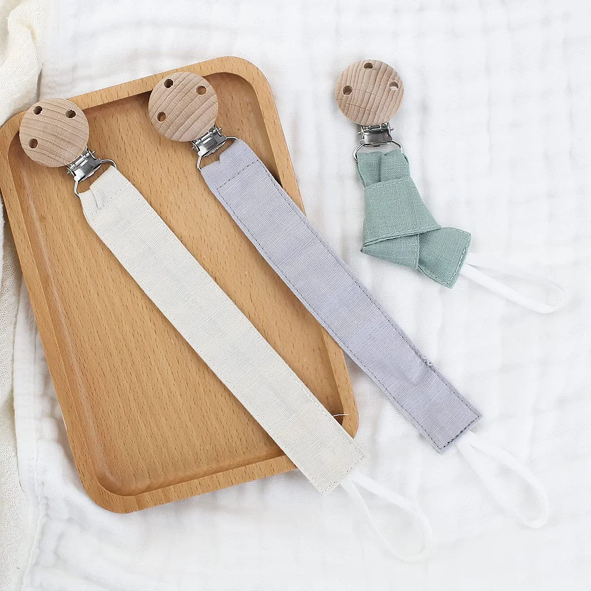 RUBY Catenella in Tessuto Porta Ciuccio Neonato Cotone Clip Legno Faggio Naturale Set Catenina Verde